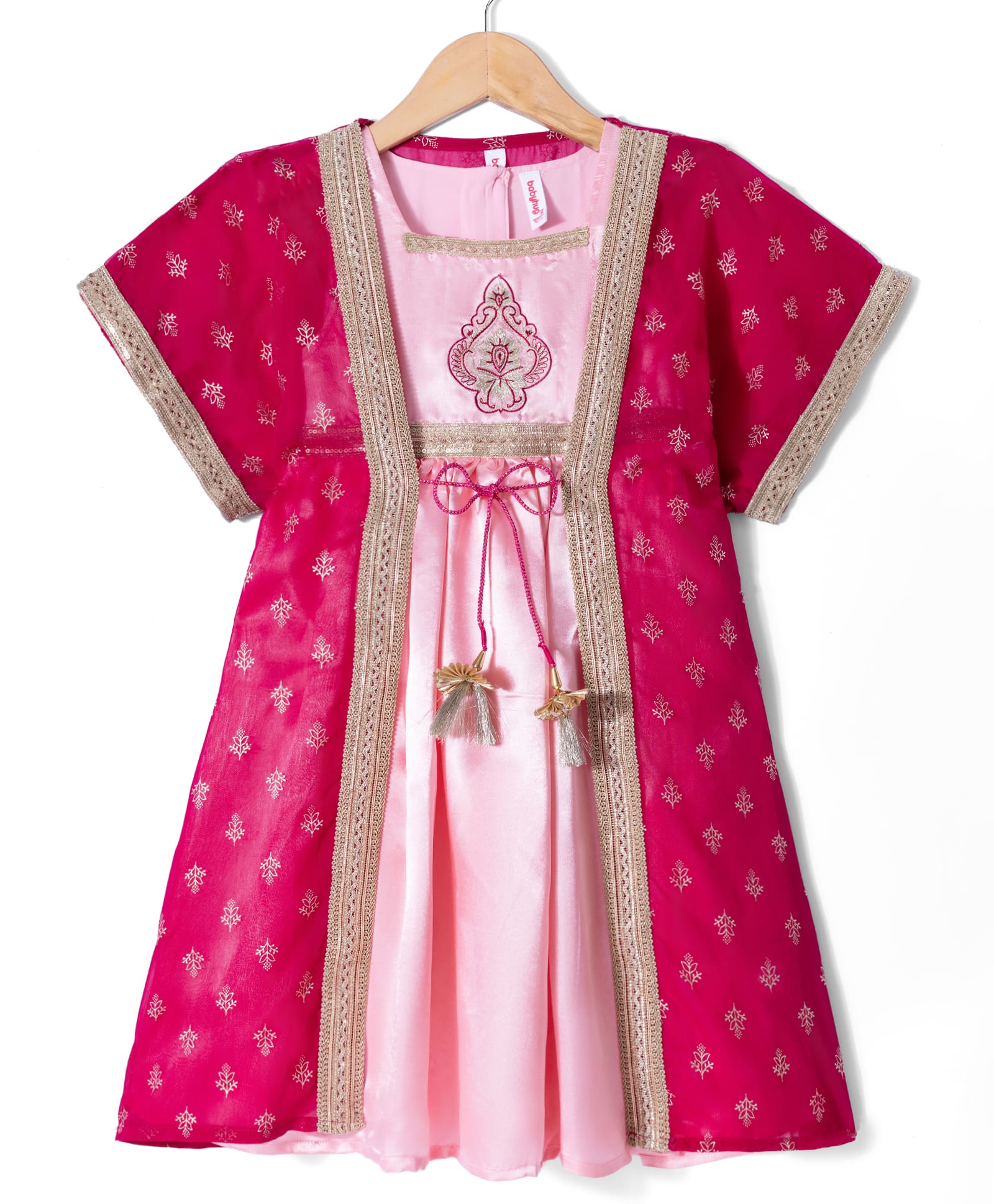 Babyhug Georgette Woven Half Sleeves Embroidered Dress With Floral Printed Jacket - Peach & Pink-image-33