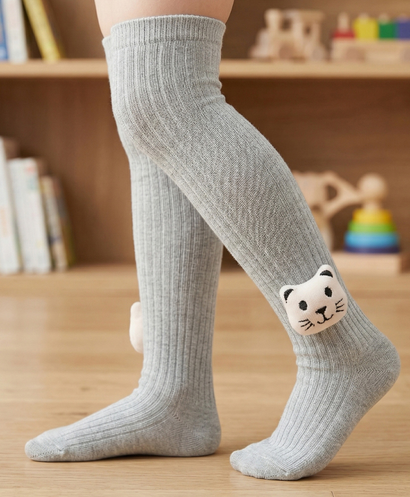 Neska Moda Cotton Spandex Knit Animal Face Applique Detailed Socks - Grey-image-49
