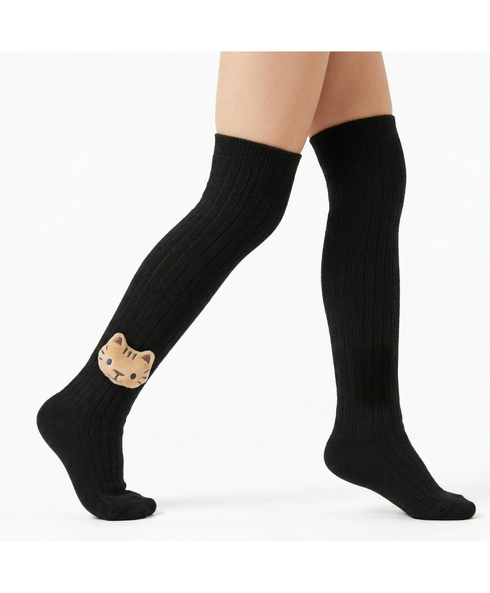 Neska Moda Cotton Spandex Knit Animal Face Applique Detailed Socks - Black-picture-17