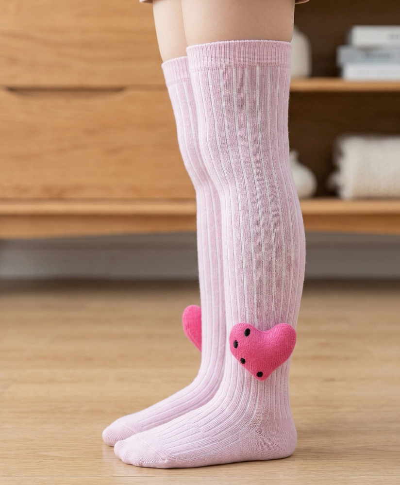 Neska Moda Cotton Spandex Knit Heart Applique Detailed Socks - Pink-picture-19