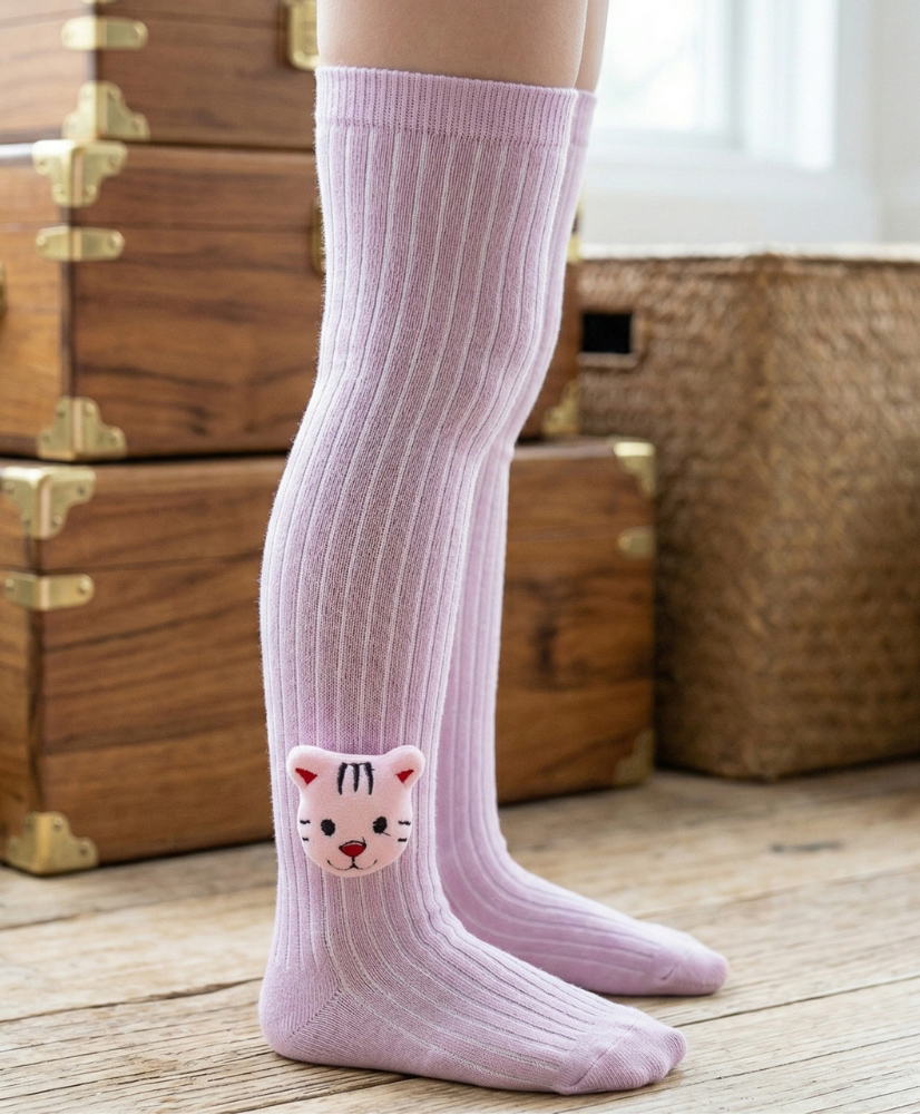 Neska Moda Cotton Spandex Knit Animal Face Applique Detailed Socks - Pink-picture-23