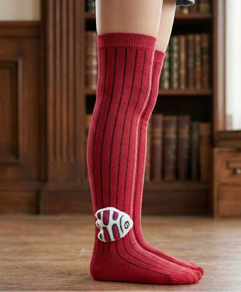 Neska Moda Cotton Spandex Knit Fish Applique Detailed Socks - Red-picture-13