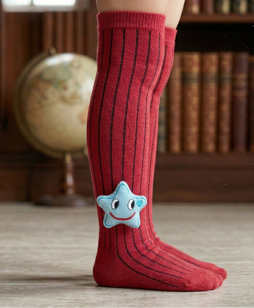 Neska Moda Cotton Spandex Knit Star Applique Detailed Socks - Red-picture-22