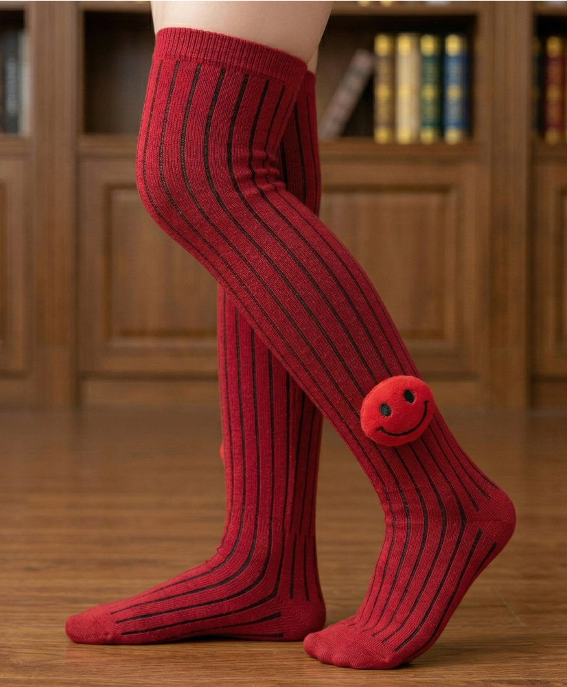 Neska Moda Cotton Spandex Knit Smiley Applique Detailed Socks - Red-picture-33