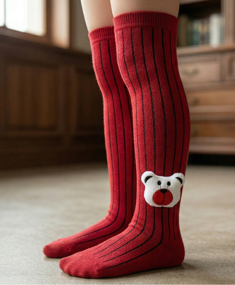 Neska Moda Cotton Spandex Knit Bear Applique Detailed Socks - Red-picture-8