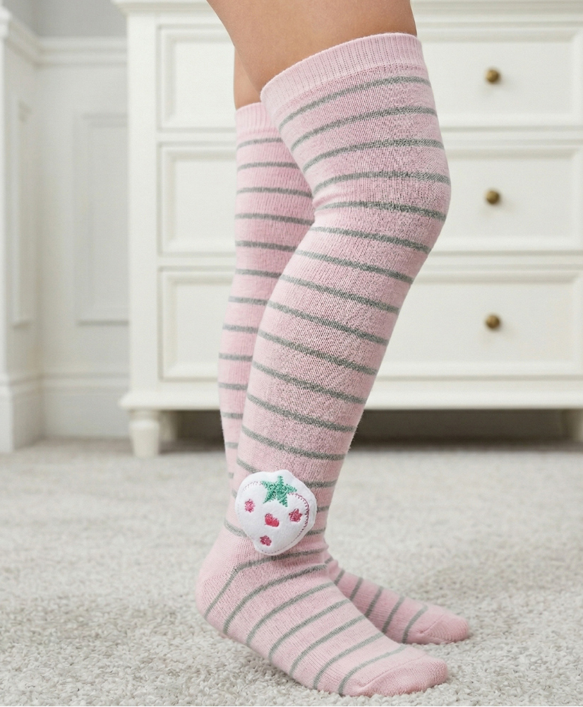 Neska Moda Cotton Spandex Knit Strawberry Applique Detailed Striped Socks - Pink-picture-20