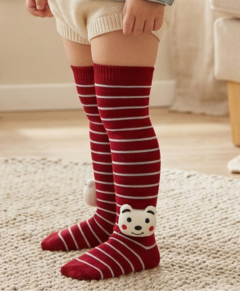 Neska Moda Cotton Spandex Knit Animal Face Applique Detailed Striped Socks - Red-picture-19