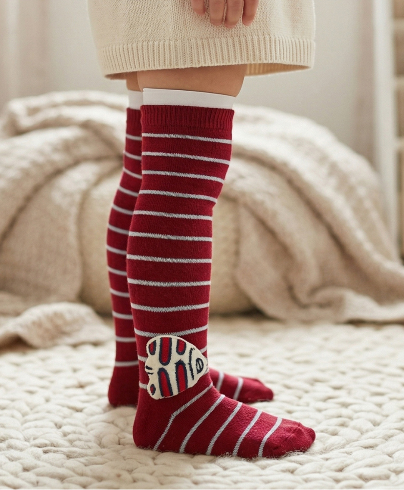 Neska Moda Cotton Spandex Knit Fish Applique Detailed Striped Socks - Red-picture-25
