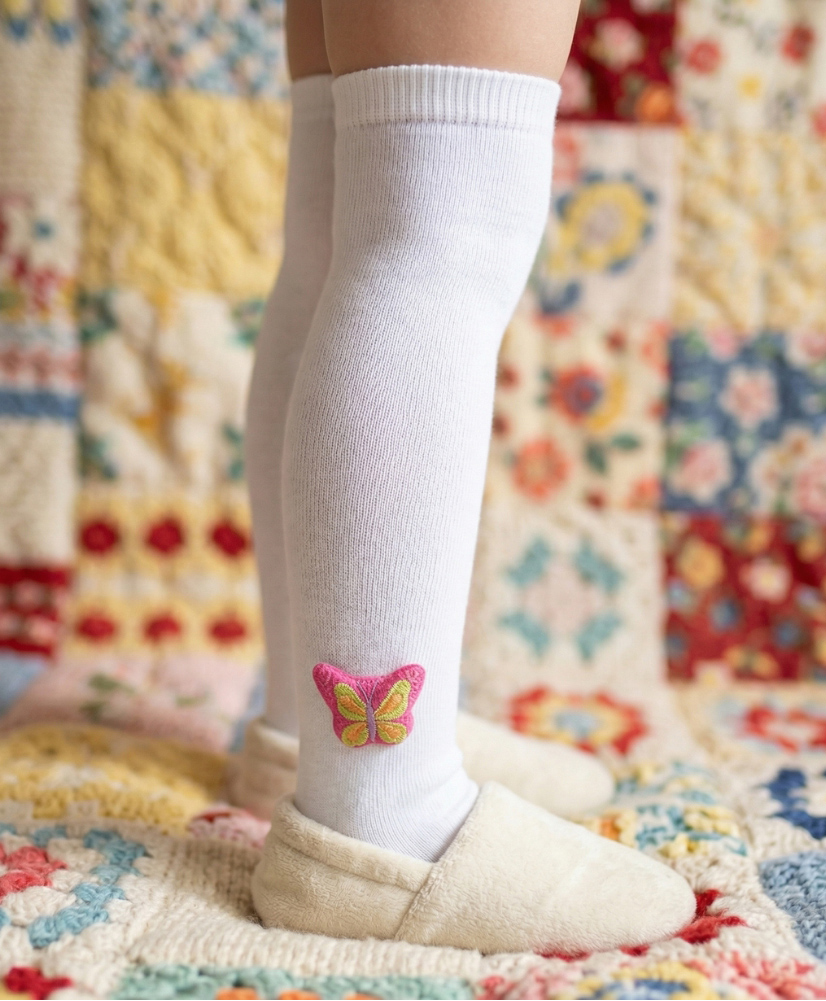 Neska Moda Cotton Spandex Knit Butterfly Applique Detailed Socks - White-picture-3