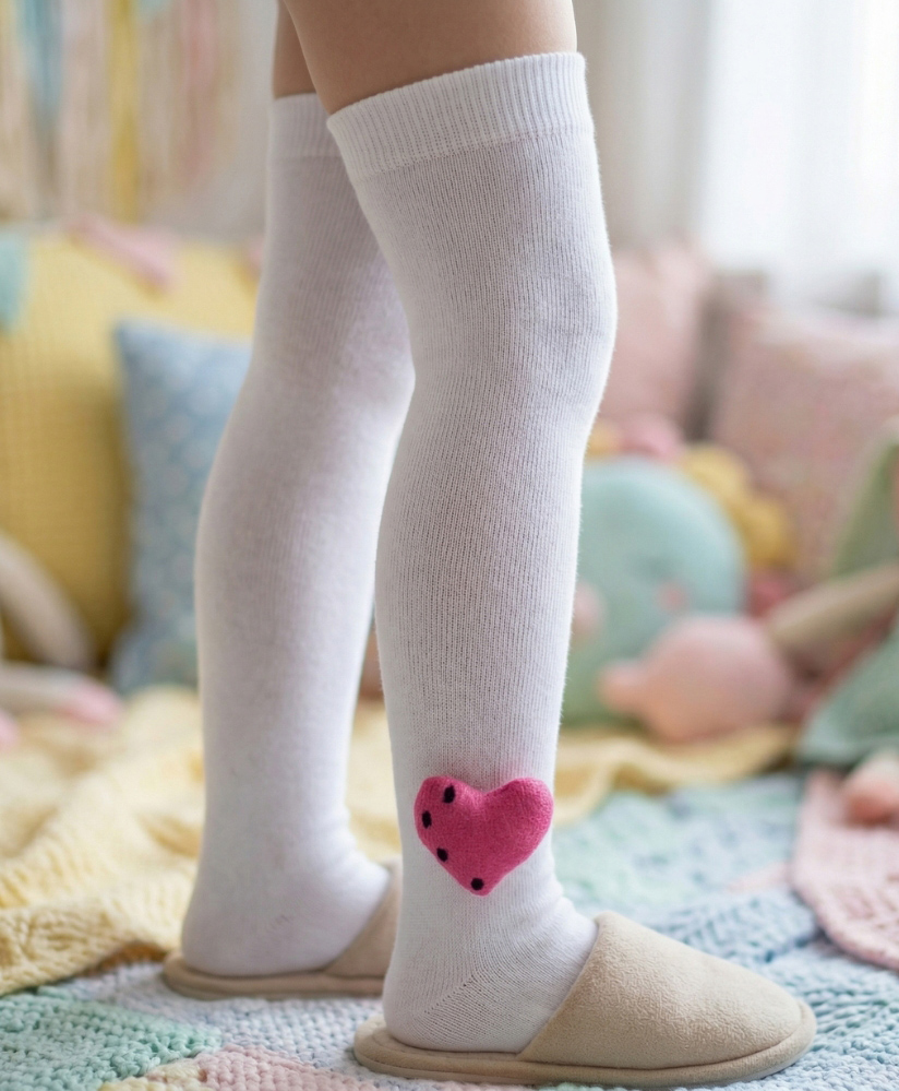 Neska Moda Cotton Spandex Knit Heart Applique Detailed Socks - White-picture-2