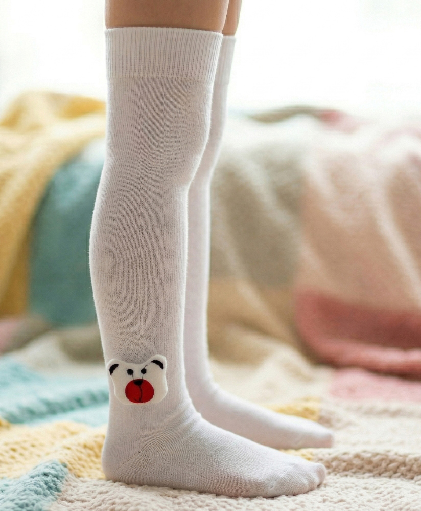 Neska Moda Cotton Spandex Knit Bear Applique Detailed Socks - White-picture-11