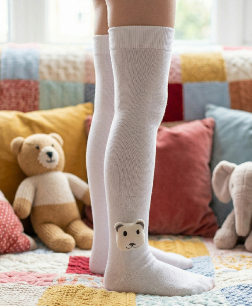 Neska Moda Cotton Spandex Knit Animal Face Applique Detailed Socks - White-picture-25