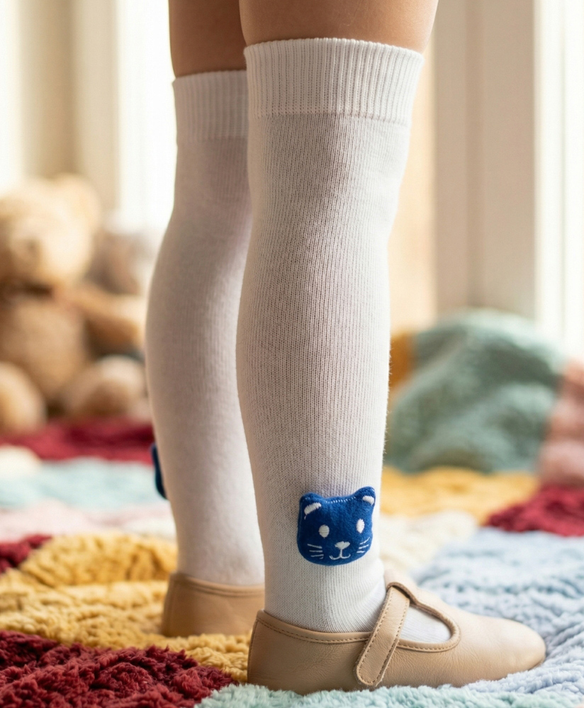 Neska Moda Cotton Spandex Knit Animal Face Applique Detailed Socks - White-picture-18