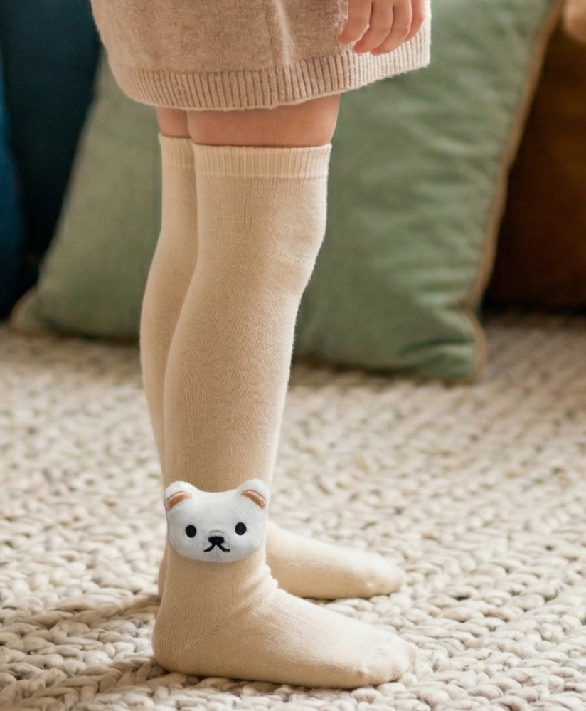 Neska Moda Cotton Spandex Knit Animal Face Applique Detailed Socks - Beige-picture-17