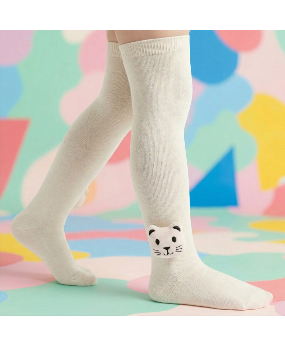 Neska Moda Cotton Spandex Knit Animal Face Applique Detailed Socks - Beige-picture-28