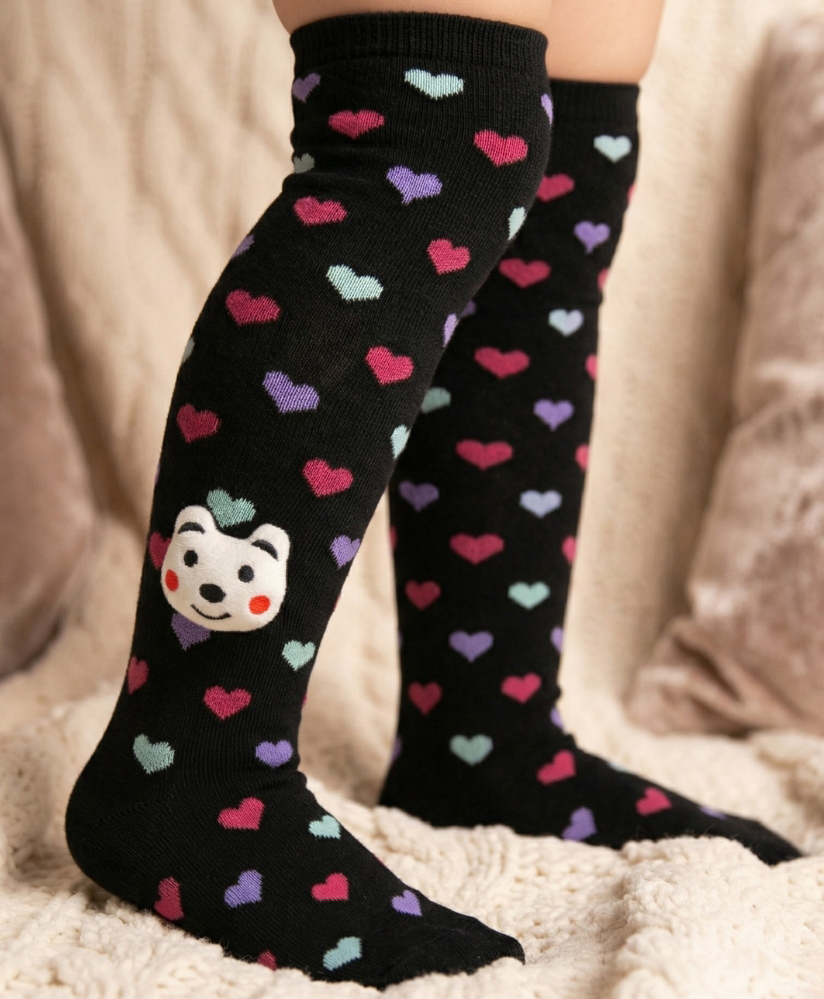 Neska Moda Cotton Spandex Knit Animal Face Applique Detailed Socks - Black-picture-6