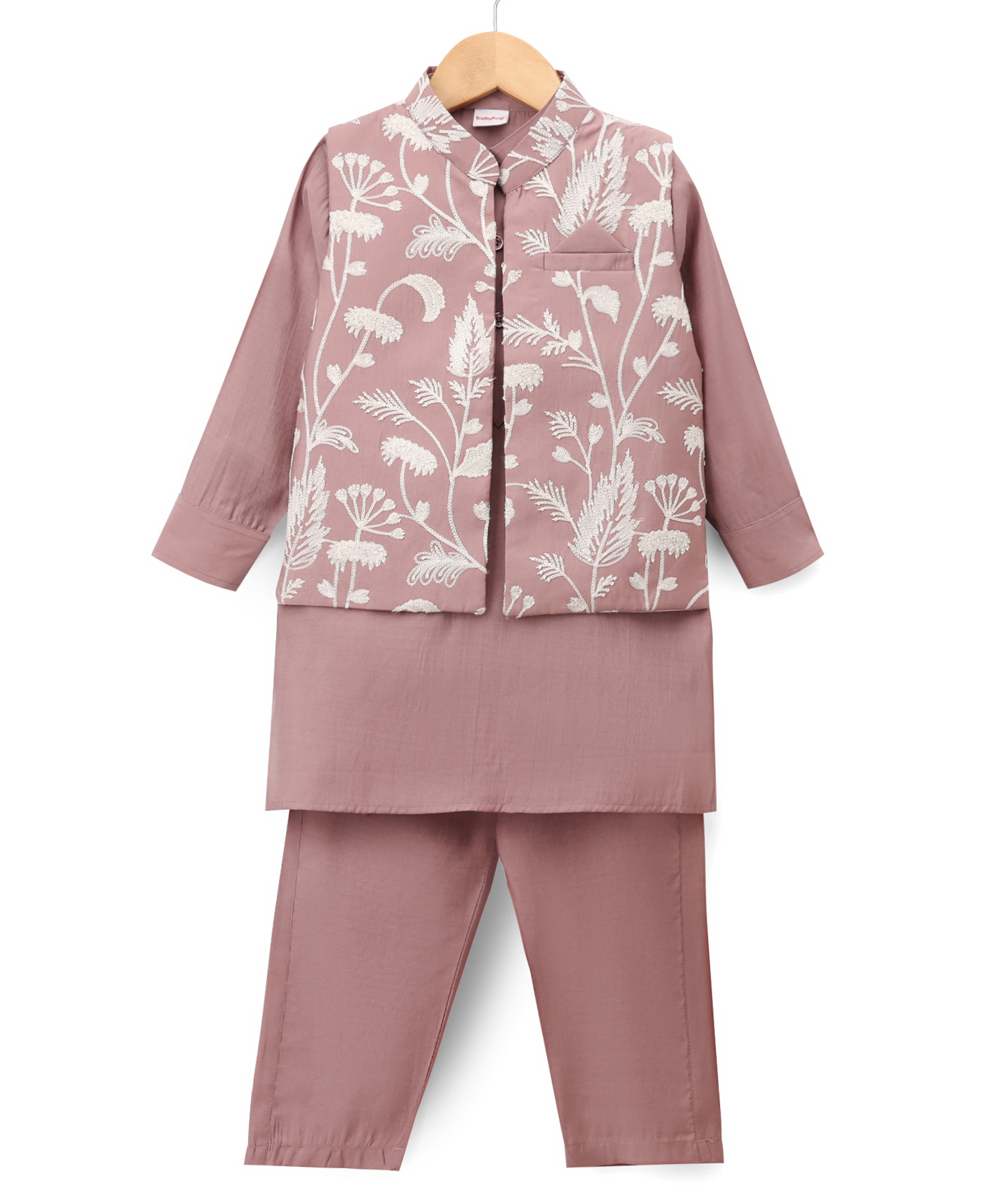 Babyhug Woven Solid Kurta Pyjama Set With Floral Embroidered Jacket - Light Pink-image-39