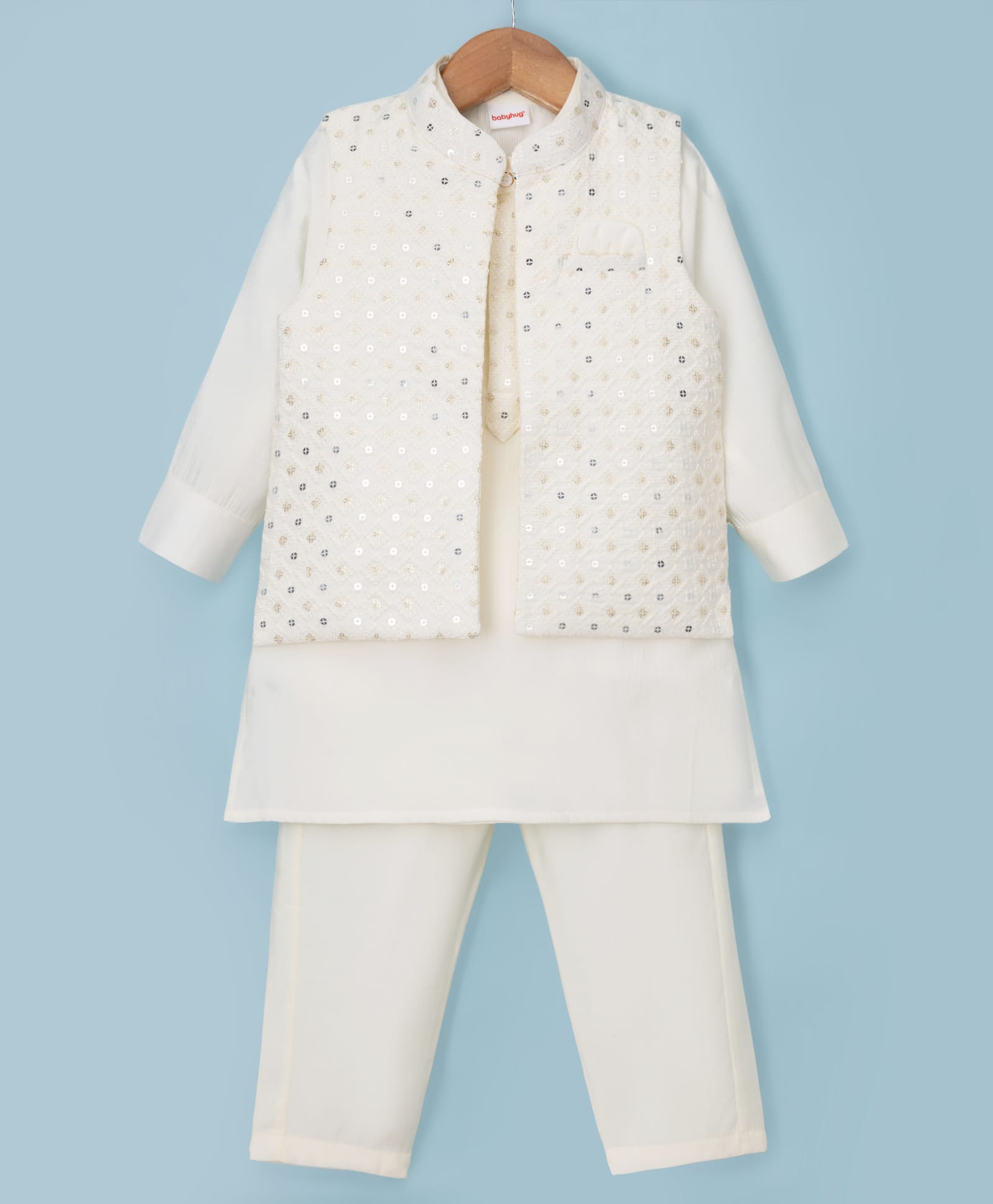 Babyhug Woven Full Sleeves Solid Kurta & Pyjama Set With Sequinned Embroidered Jacket - White-picture-34