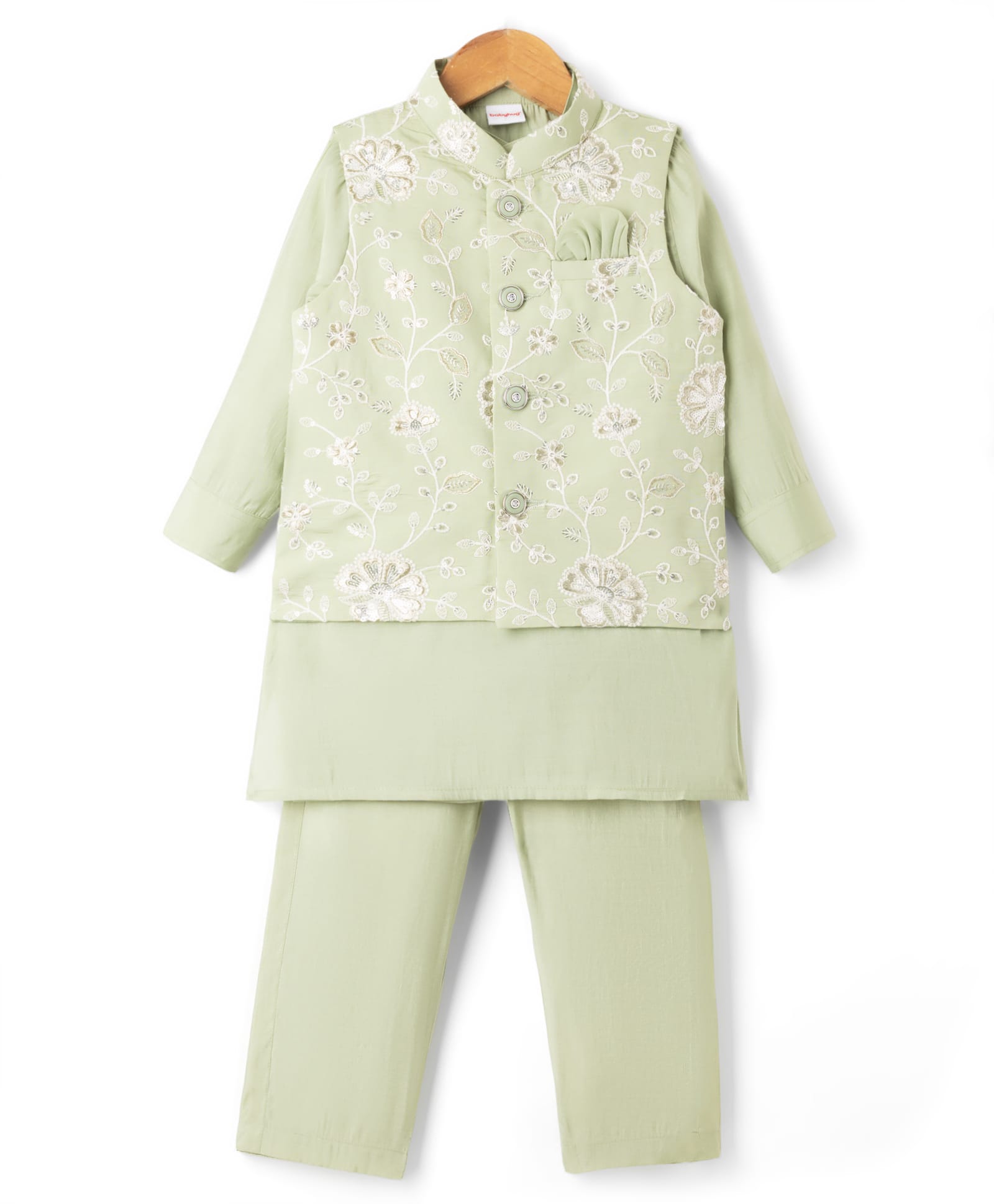 Babyhug Woven Full Sleeves Solid Kurta & Pyjama Set With Floral Embroidered Jacket - Light Green-picture-27