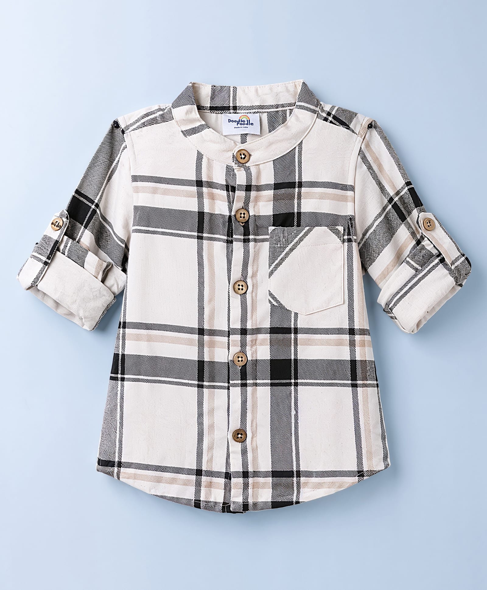 Doodle Poodle 100% Cotton Woven Roll Up Sleeves Mandarin Collar Checked Shirt With Pocket - White-image-20