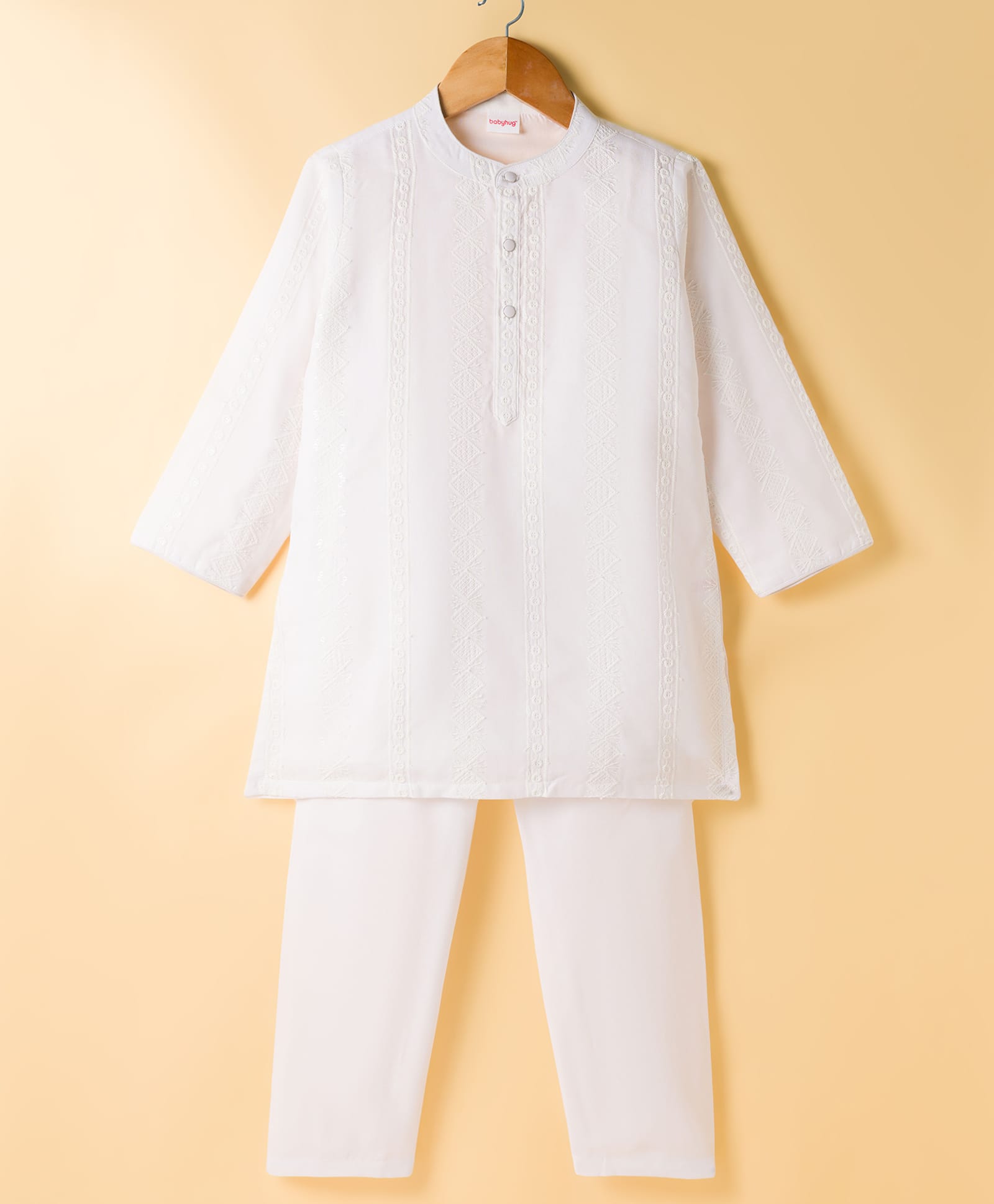 Babyhug Woven Full Sleeves Self Embroidered Solid Colour Kurta Pajama Set - White-picture-10