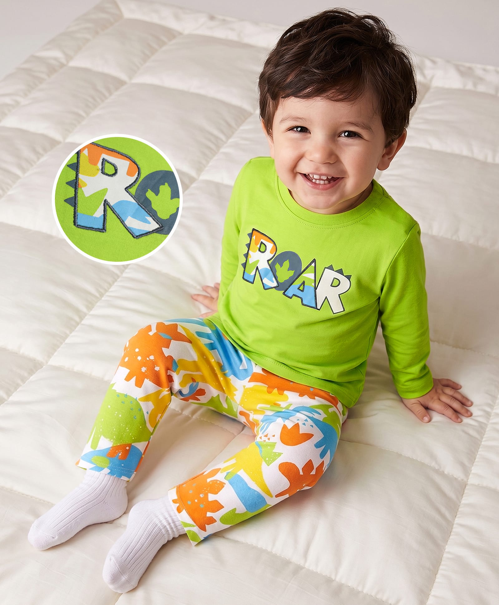 Babyoye 100% Cotton Single Jersey Knit Full Sleeves T-Shirt & Pyjama Night Suit with Dinosaur & Roar Print - Lime Green-image-38