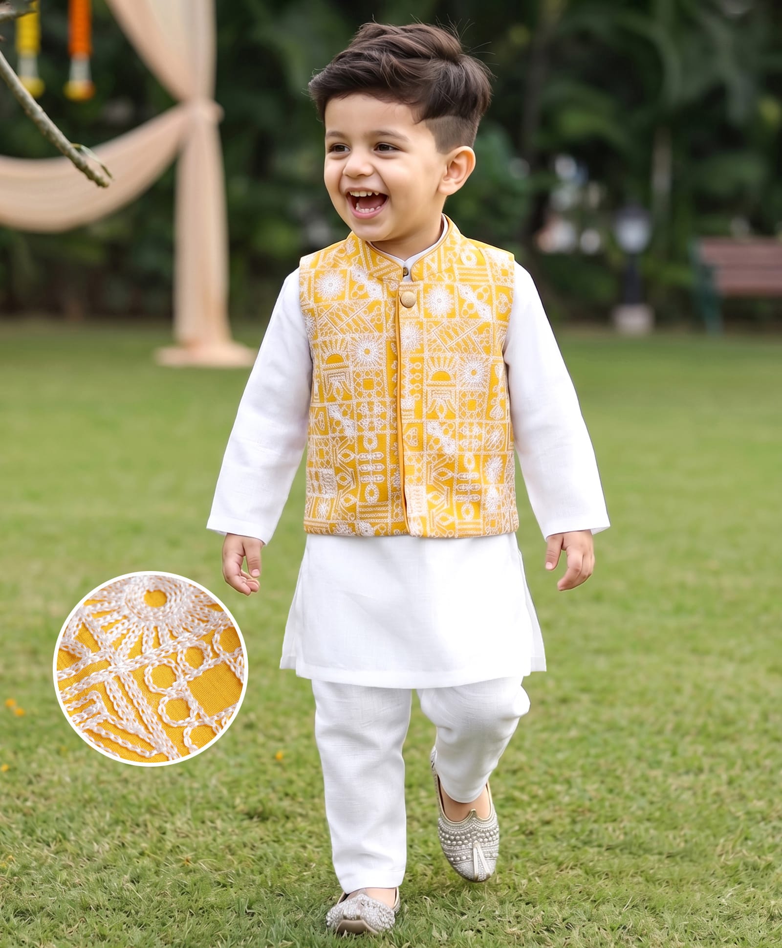 Babyhug Woven Full Sleeves SOLID Kurta & Pyjama Set With Floral Embroidered Jacket - Yellow-picture-33