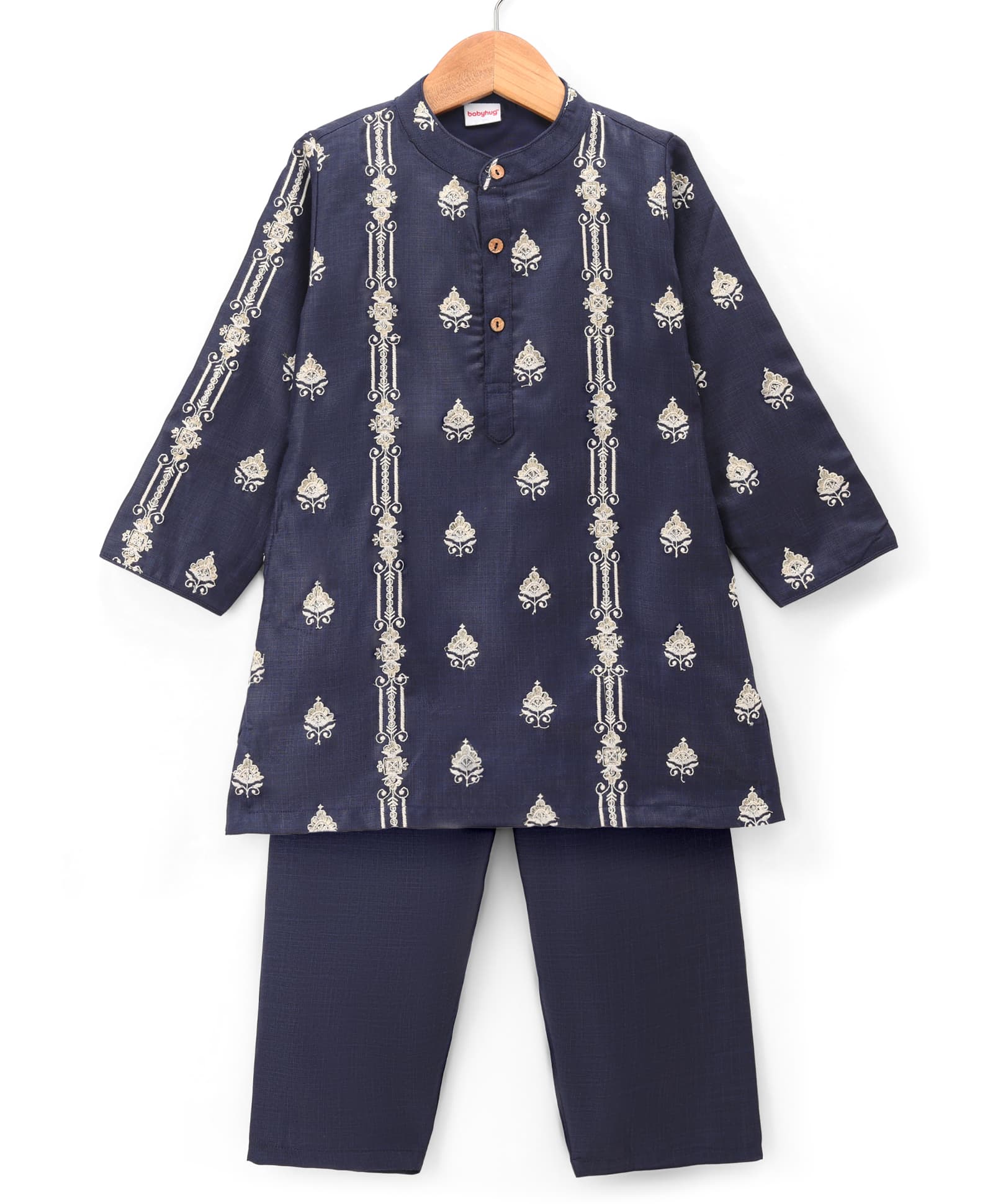 Babyhug Woven Full Sleeves Floral Embroidered Kurta Pyjama Set - Navy-image-23