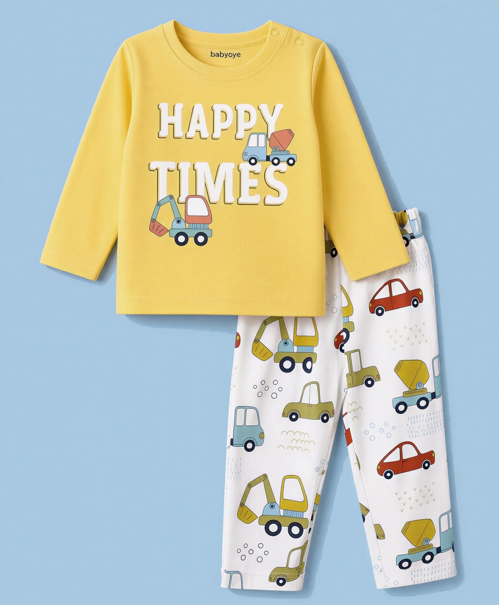 Babyoye 100% Cotton Single Jersey Knit Full Sleeves T-Shirt & Pyjama Nightsuit with Vehicle Print - Yellow & White-image-17