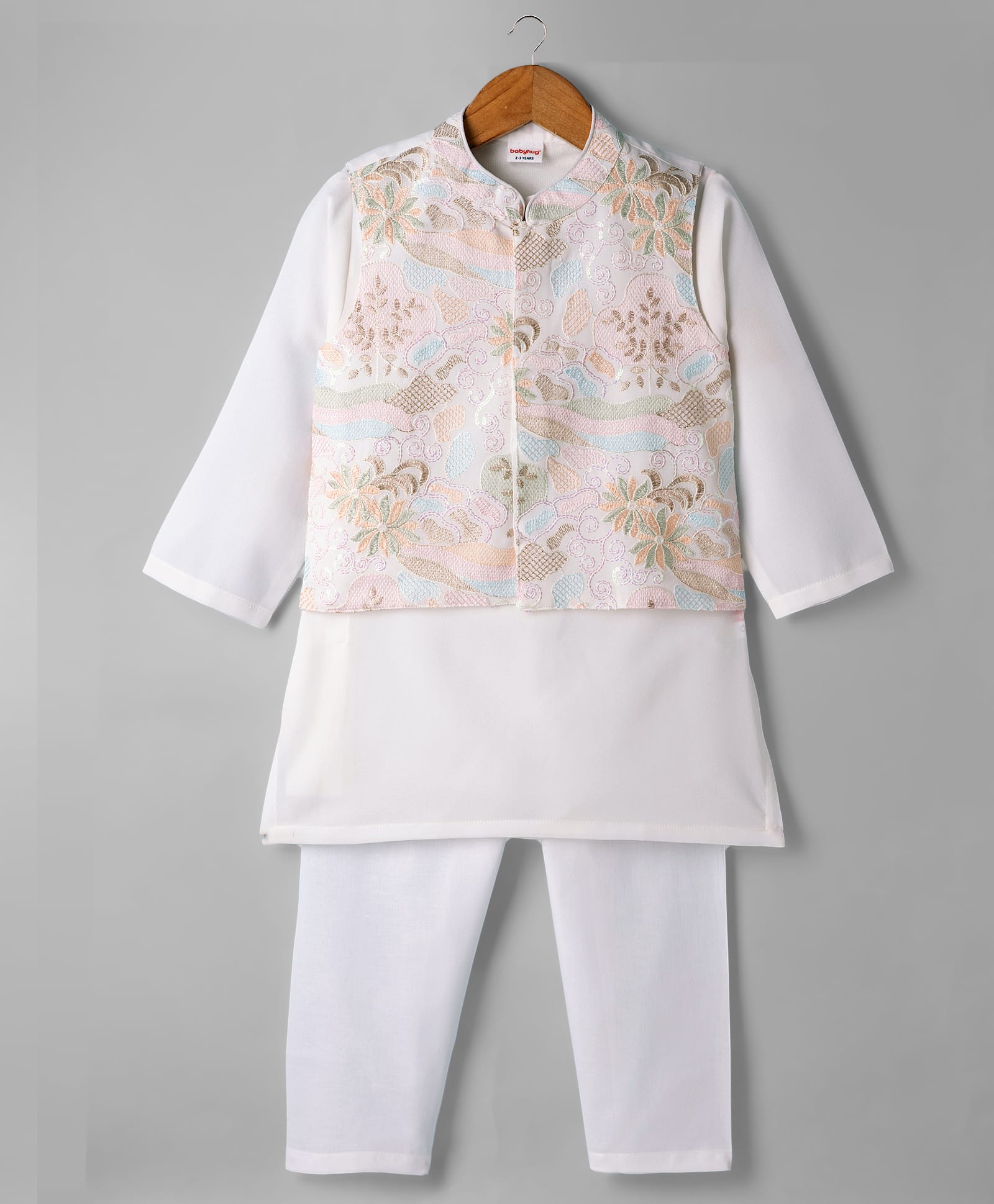 Babyhug Woven Full Sleeves Solid Kurta Pyjama Set With Floral Embroidered Jacket - White-picture-37