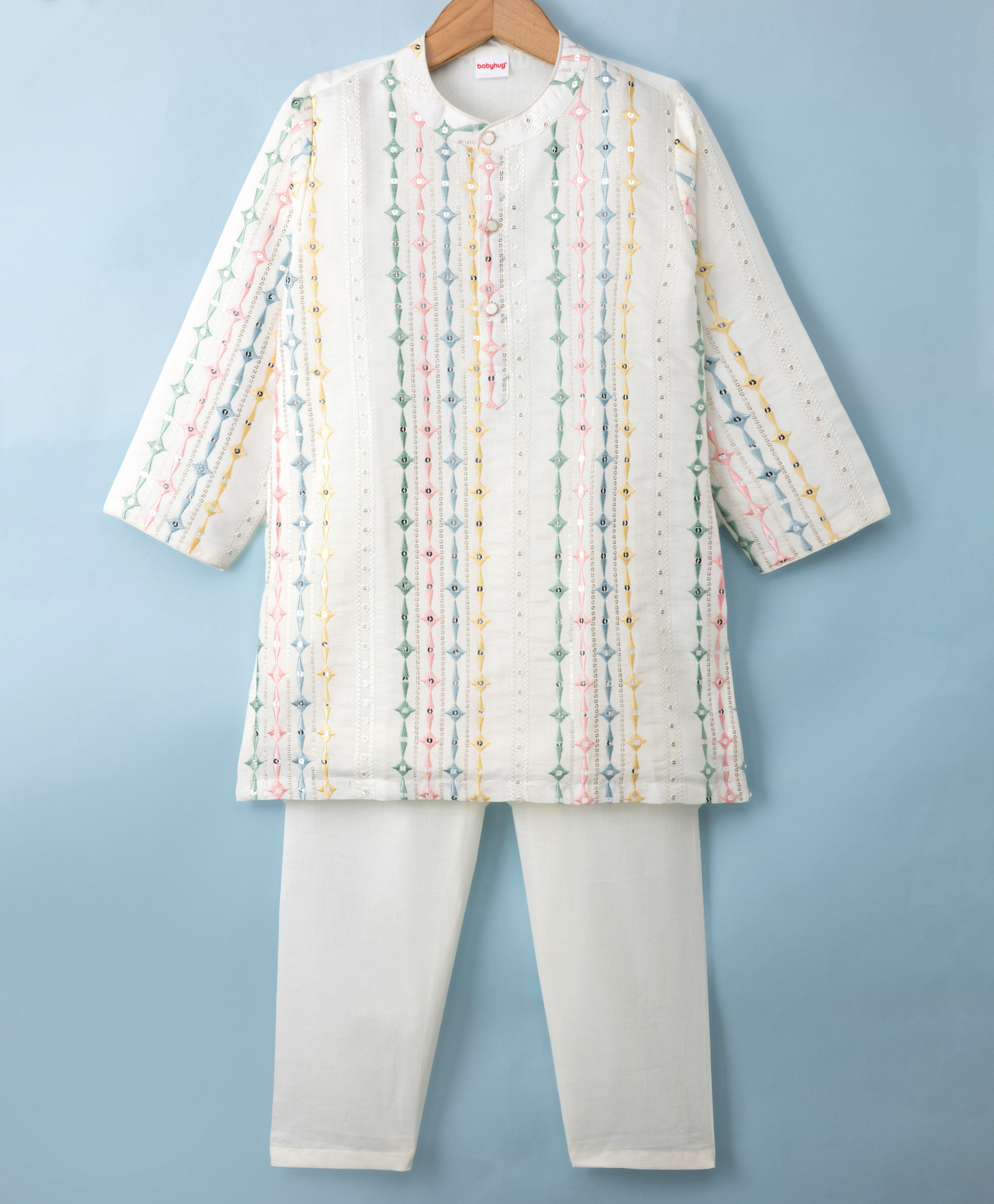Babyhug Woven Full Sleeves Embroidered & Sequinned Kurta Pajama Set - Off White-image-1