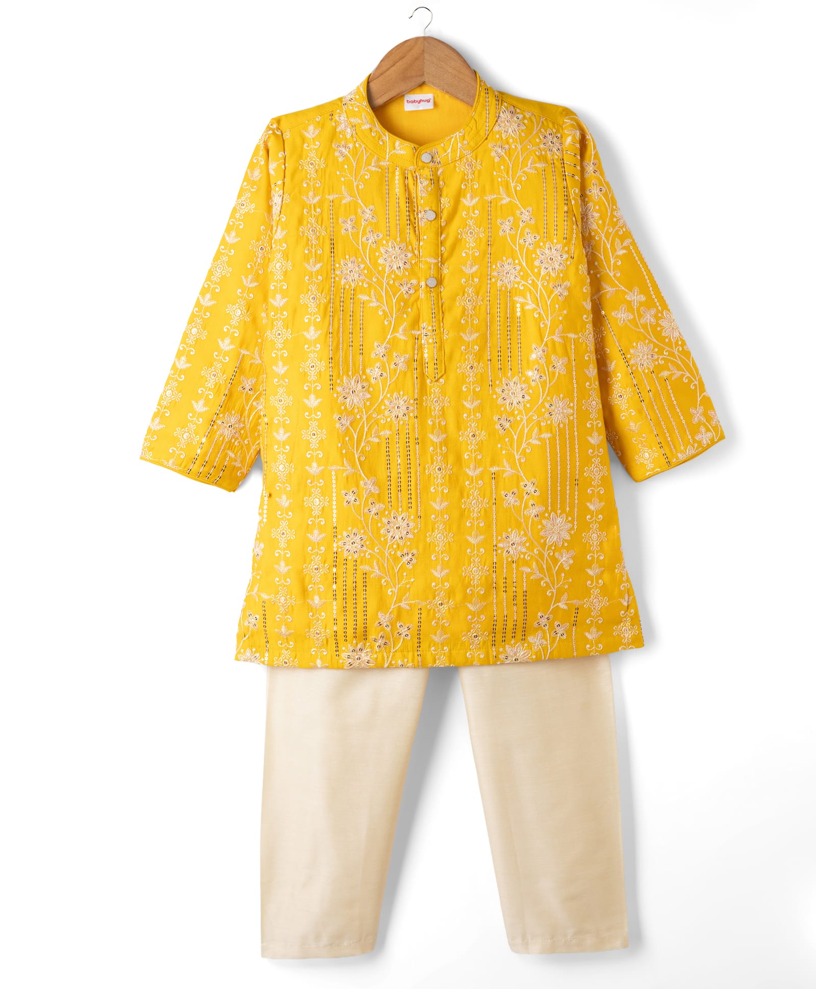 Babyhug Woven Full Sleeves Floral Embroidered & Sequin Kurta Pyjama Set - Yellow-picture-21