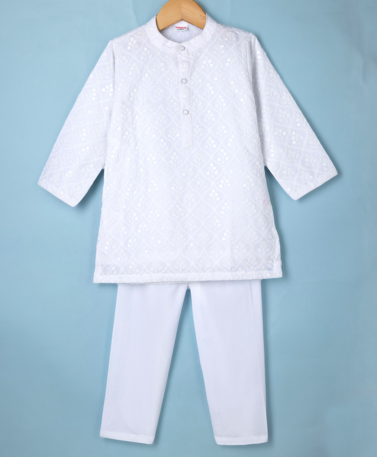 Babyhug Woven Full Sleeves Embroidered Kurta Pyjama Set - White-picture-27