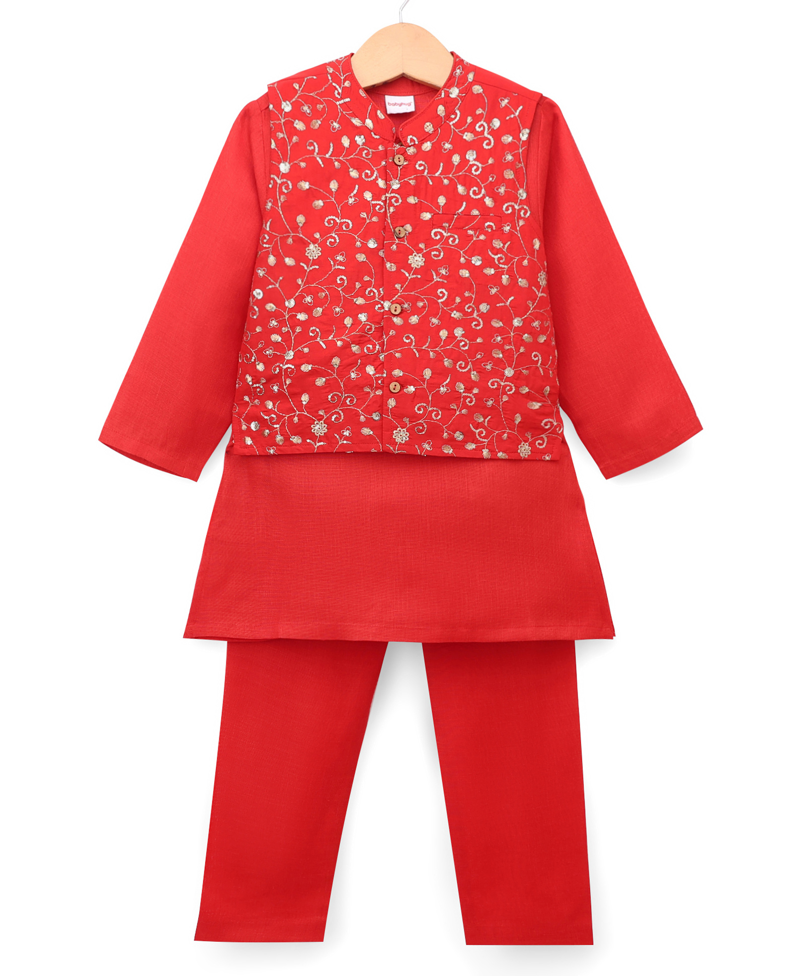 Babyhug Woven Diamond Cotton SOLID Kurta Pyjama Set With Floral & Sequin Embroidered Jacket - Red-image-1