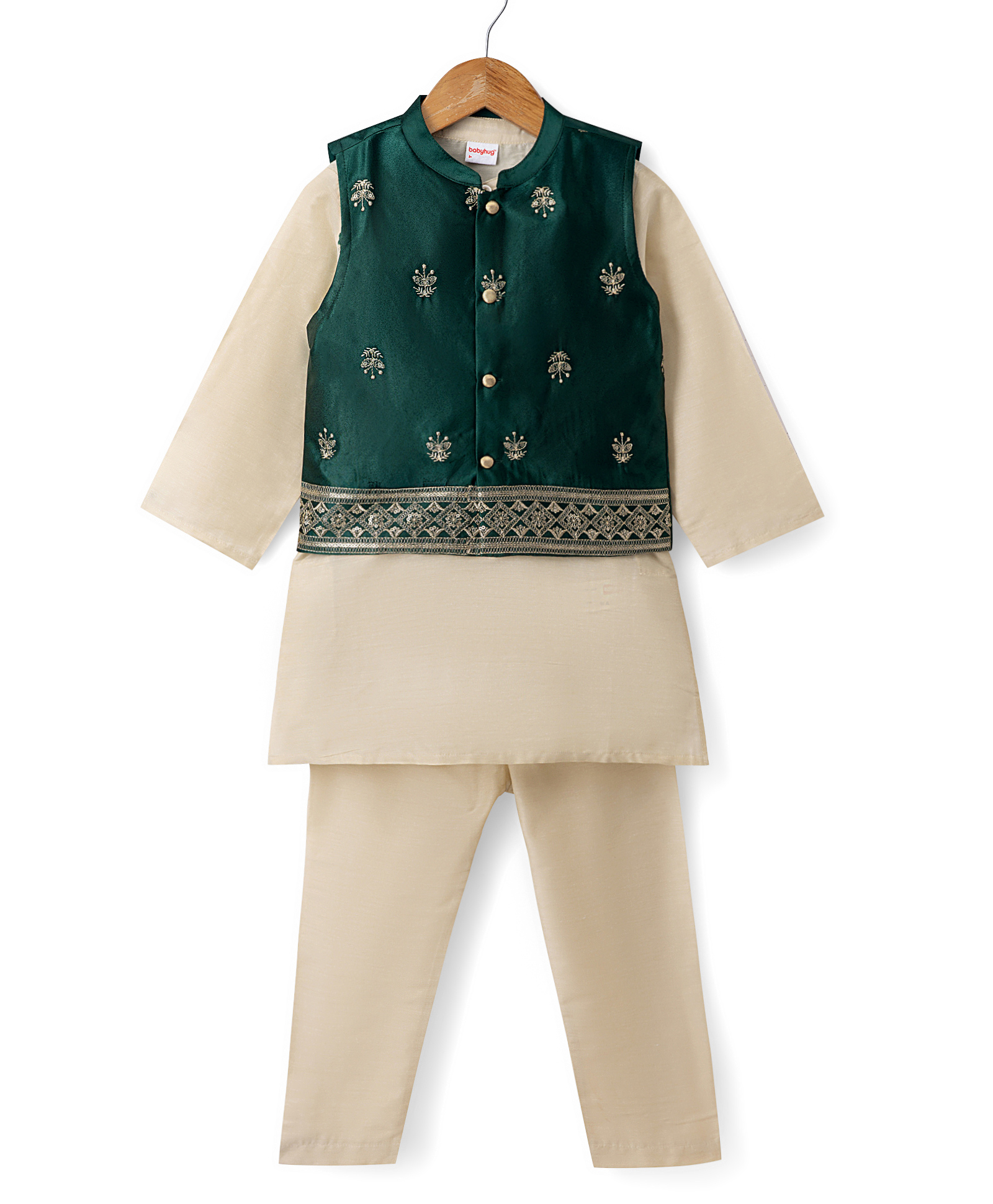 Babyhug Woven Full Sleeves Solid Kurta Pajama Set with Velvet Embroidered Jacket- Beige & Dark Green-picture-25