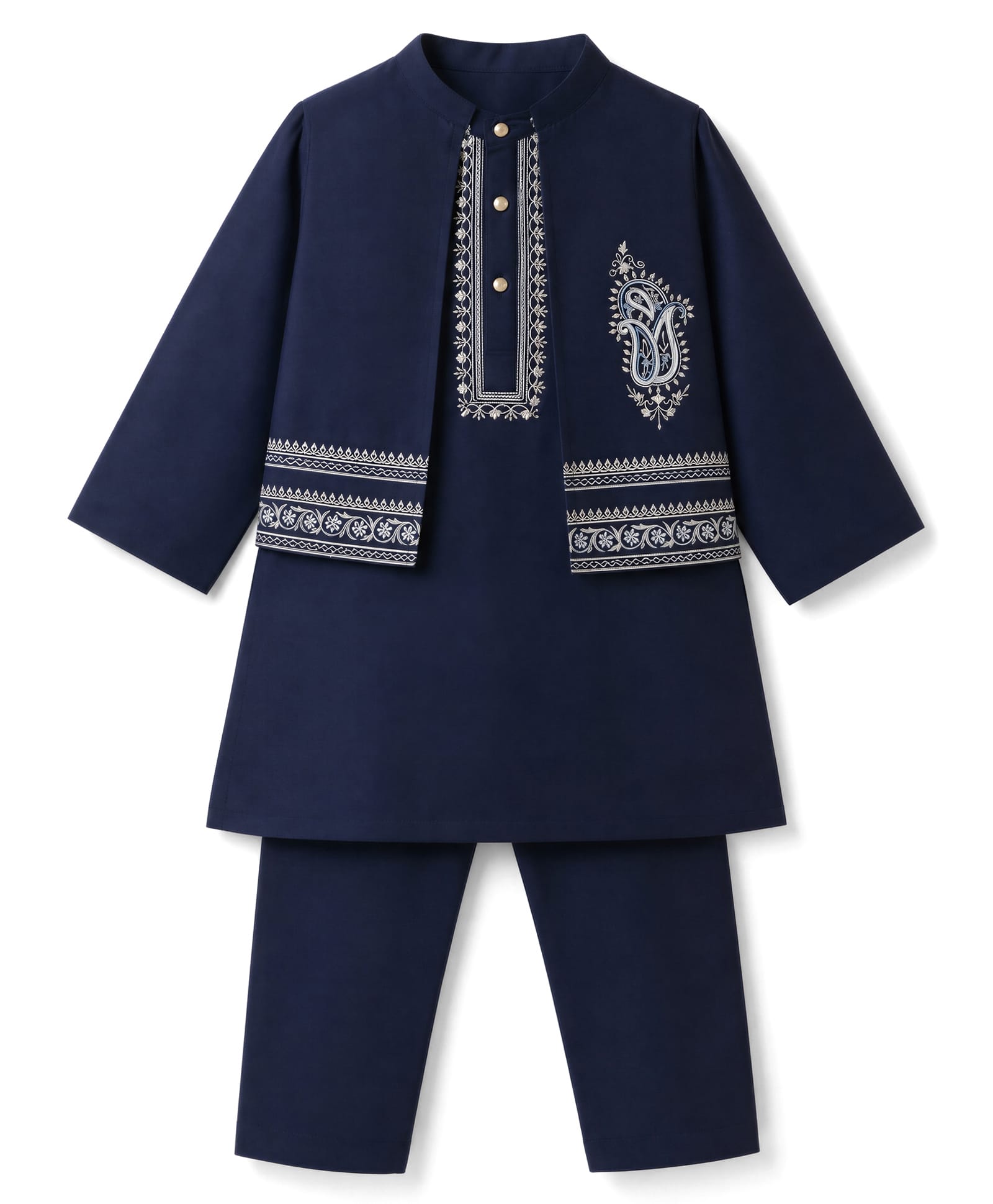 Babyhug Woven Full Sleeves Solid Kurta Pyjama Set With Velvet Thread Embroidered Jacket - Navy Blue-image-44