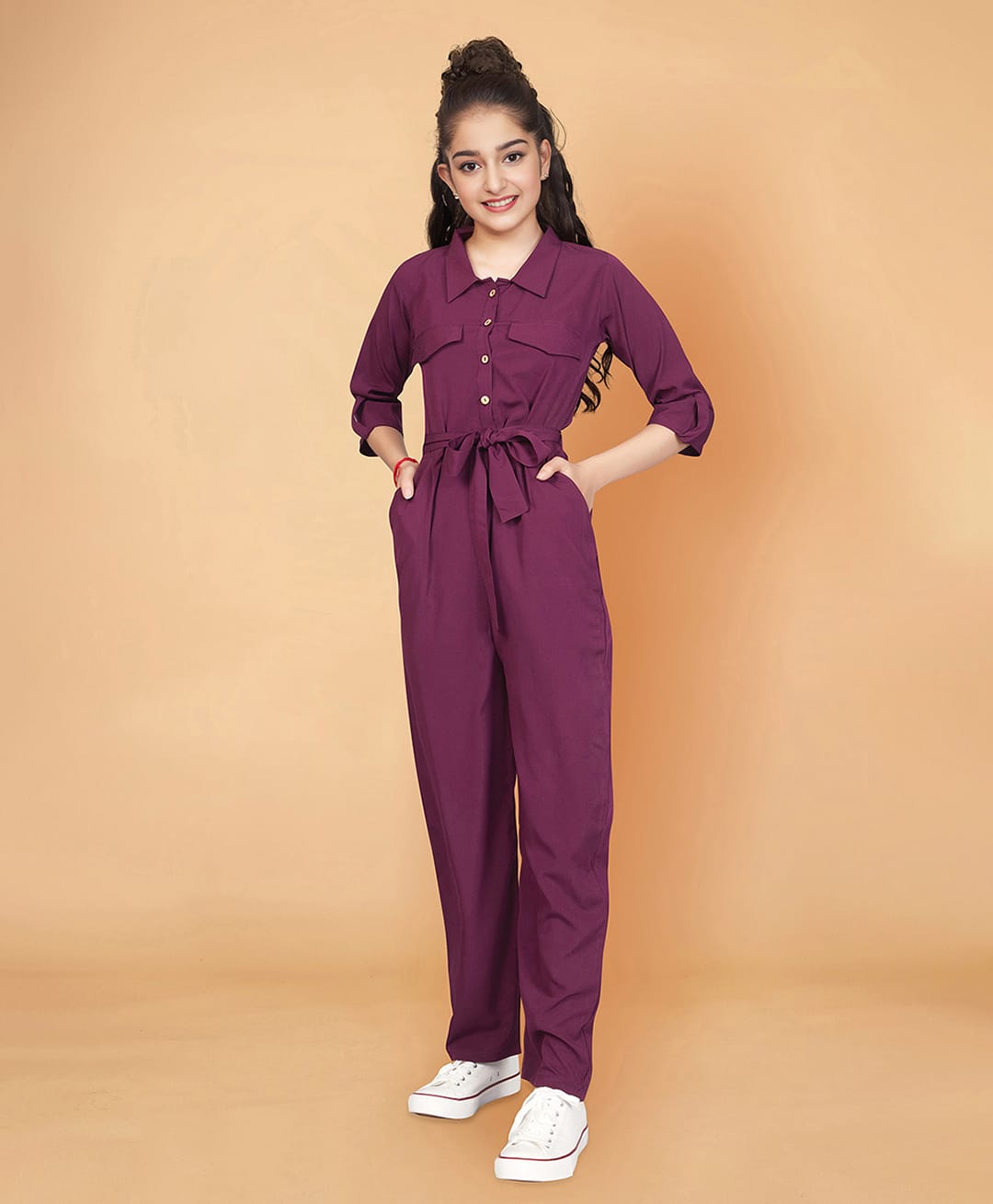 Fashion Dream Cotton Blend Woven Three Fourth Sleeves Solid Jumpsuit - Wine-picture-11