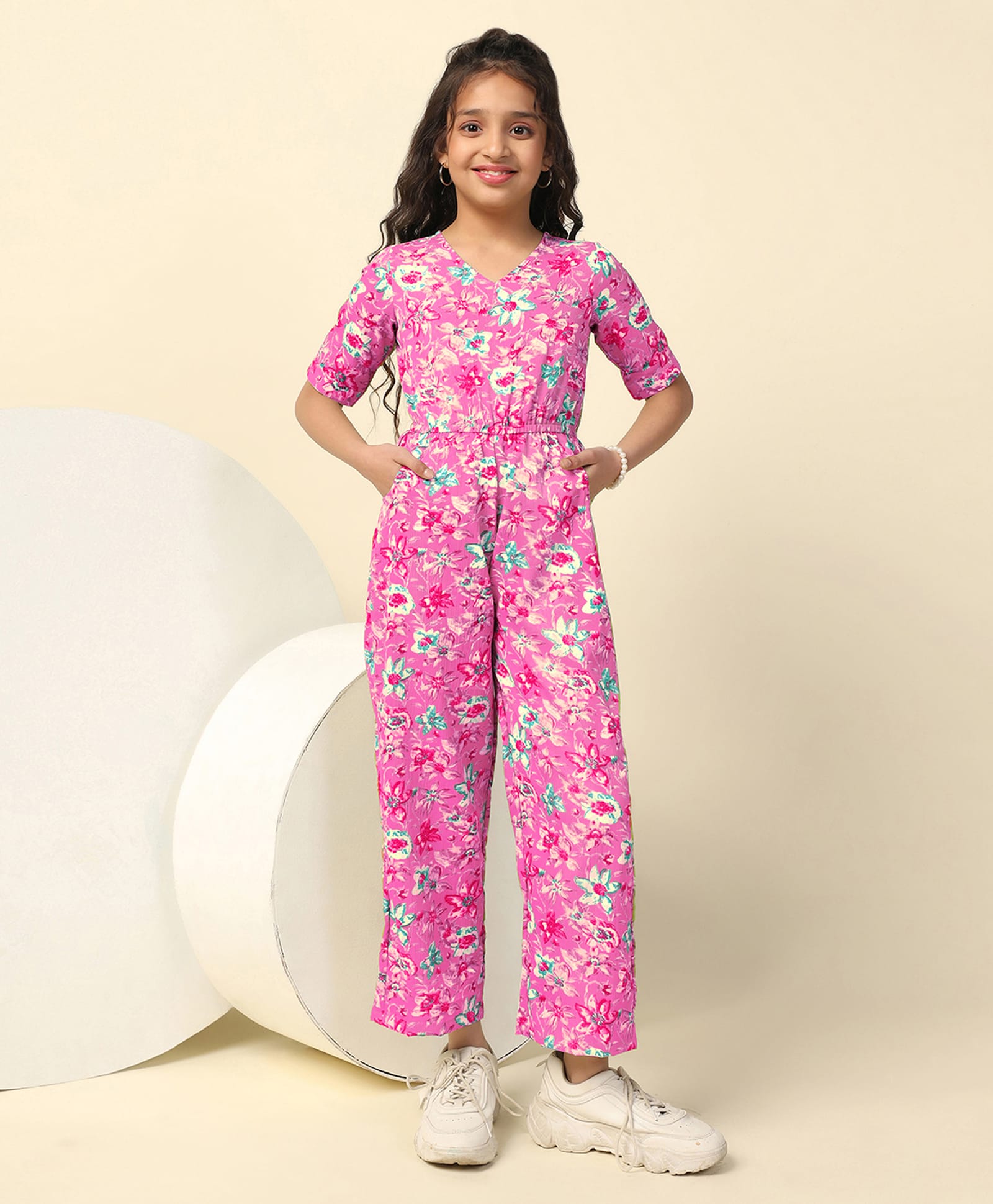 Fashion Dream Cotton Blend Woven Half Sleeves Floral Printed Jumpsuit - Pink-picture-18