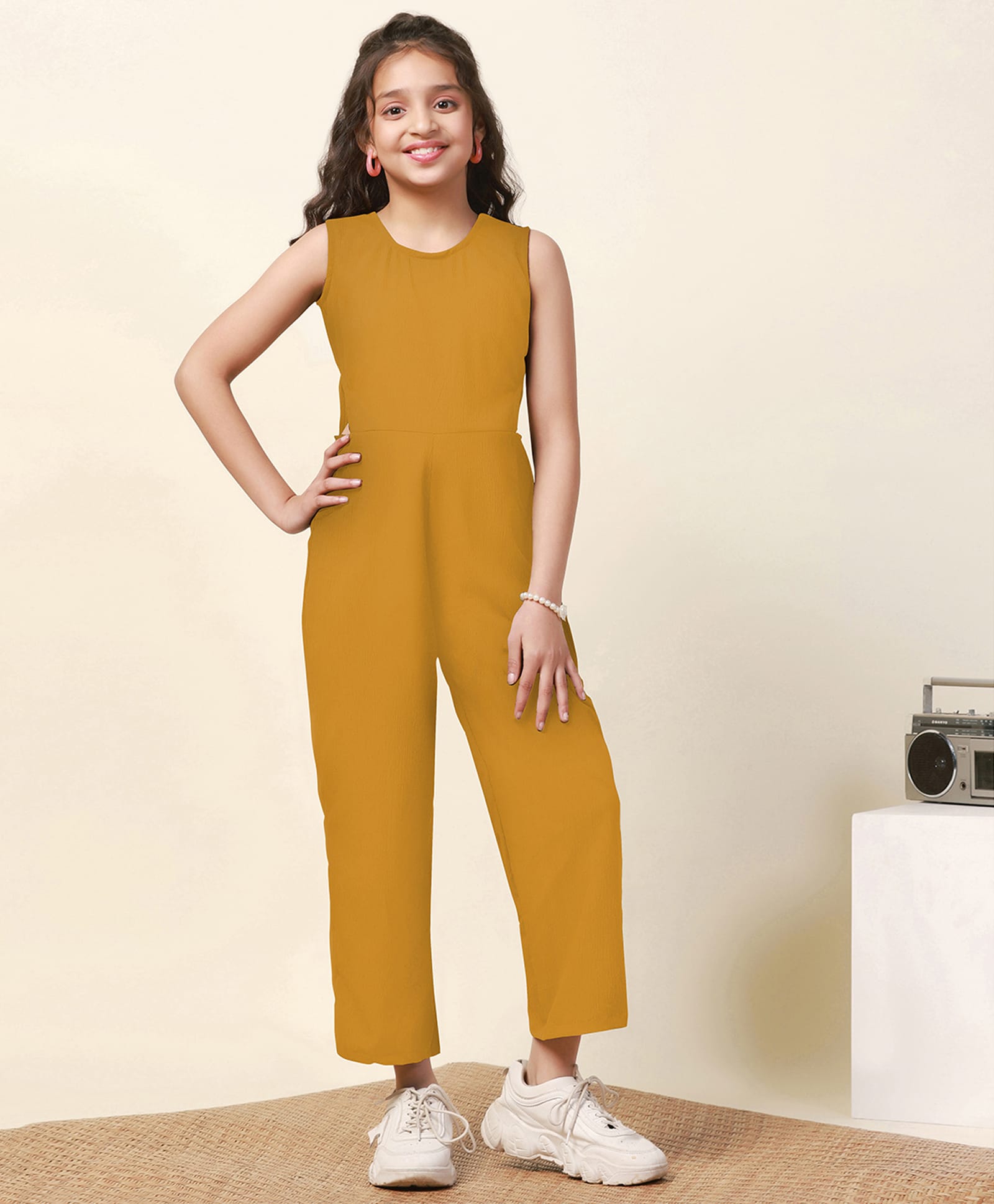 Fashion Dream Cotton Blend Woven Sleeveless Solid Jumpsuit - Mustard-picture-11
