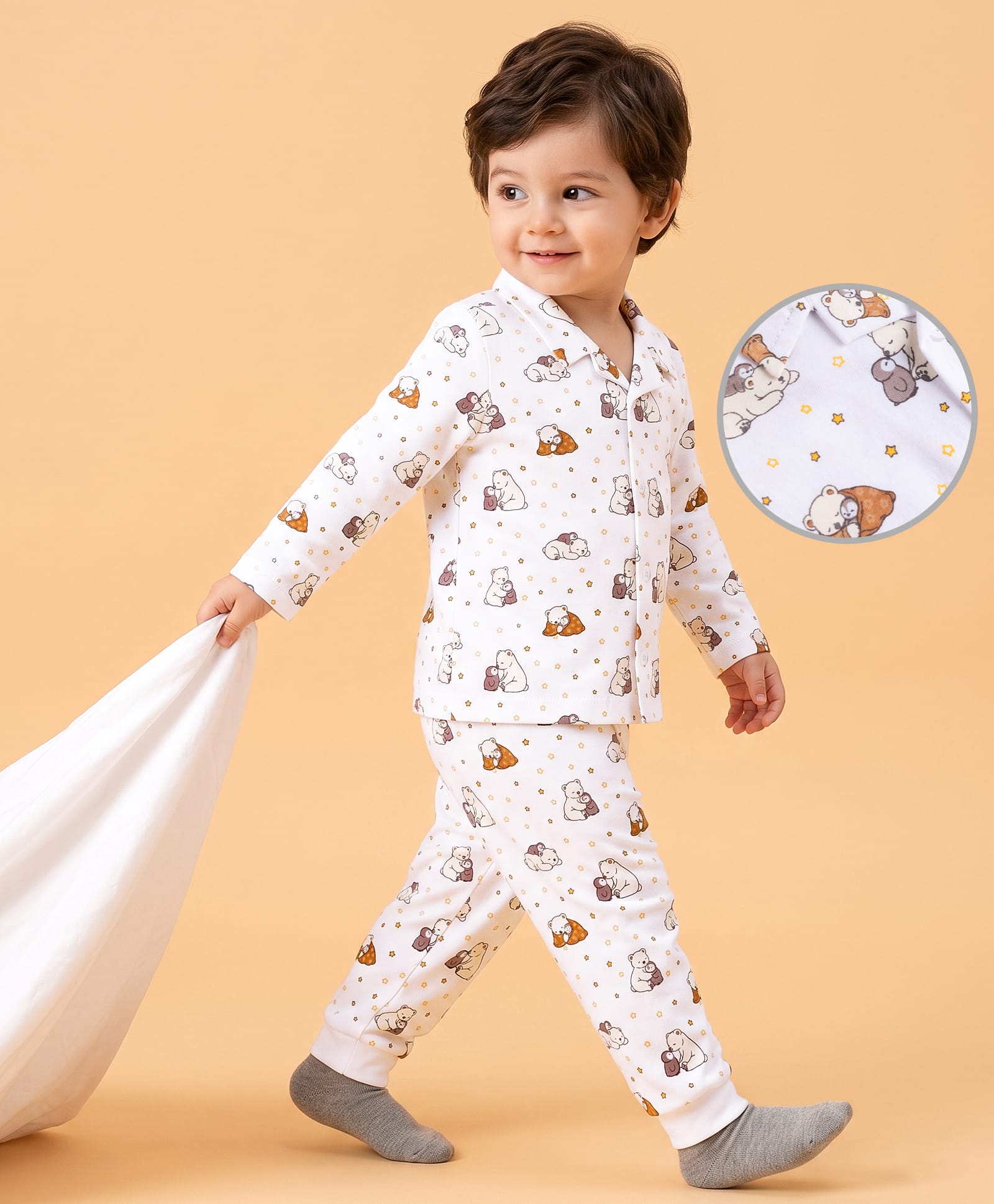 Babyoye 100% Cotton Single Jersey Knit Full Sleeves Co-Ords Shirt & Pyjama Night Suit with Bear Print - White-picture-29
