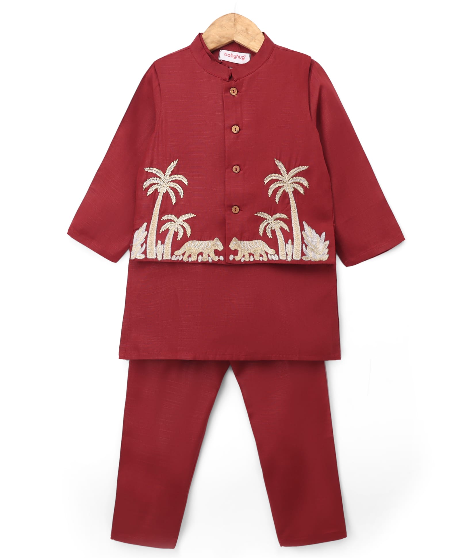 Babyhug Rayon Woven Full Length SOLID Kurta & Pyjama Set With Palm Tree Embroidered Jacket - Maroon-picture-22