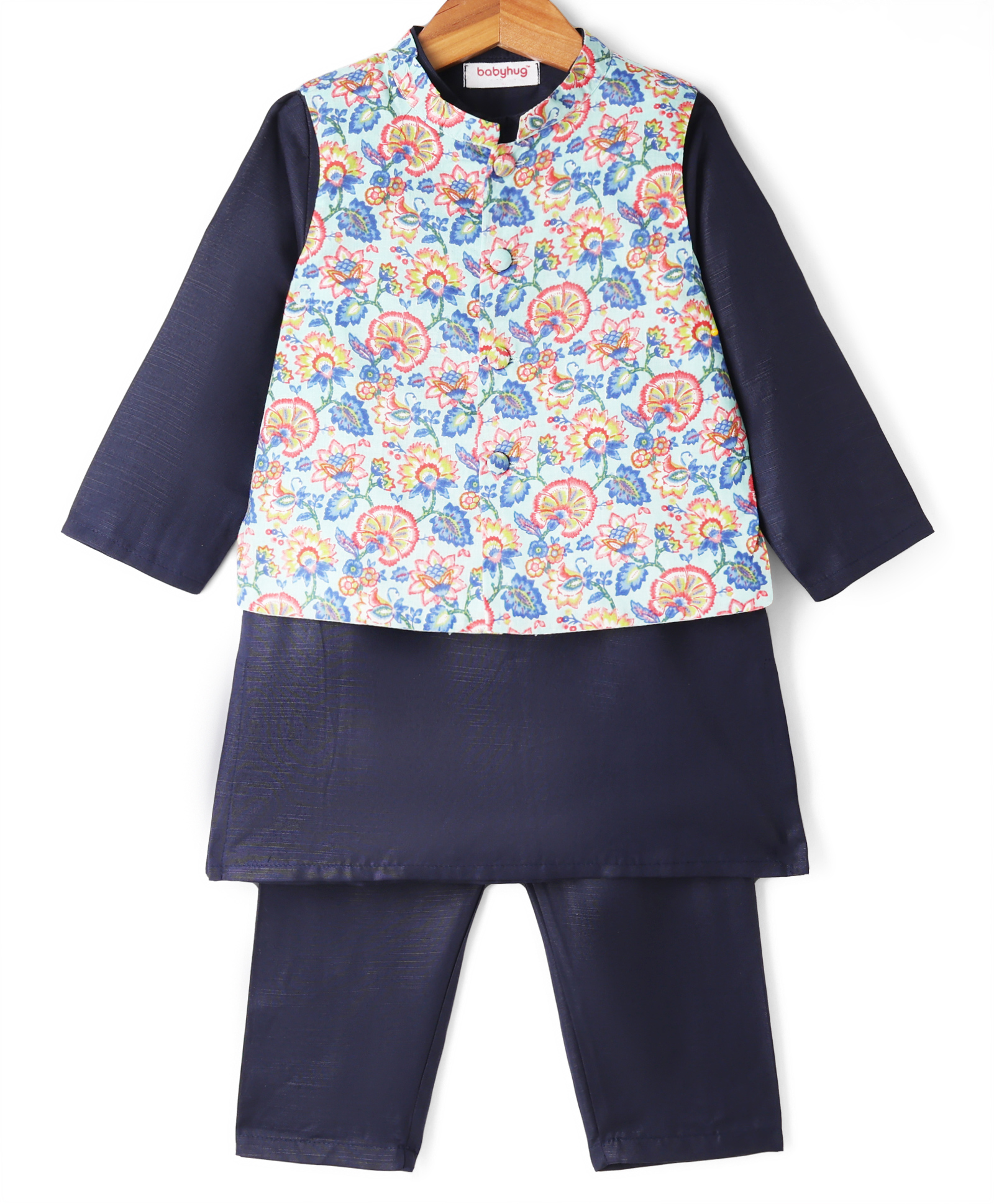 Babyhug Rayon Woven Full Sleeves Solid Kurta Pyjama Set With Floral Printed Jacket - Navy-image-15