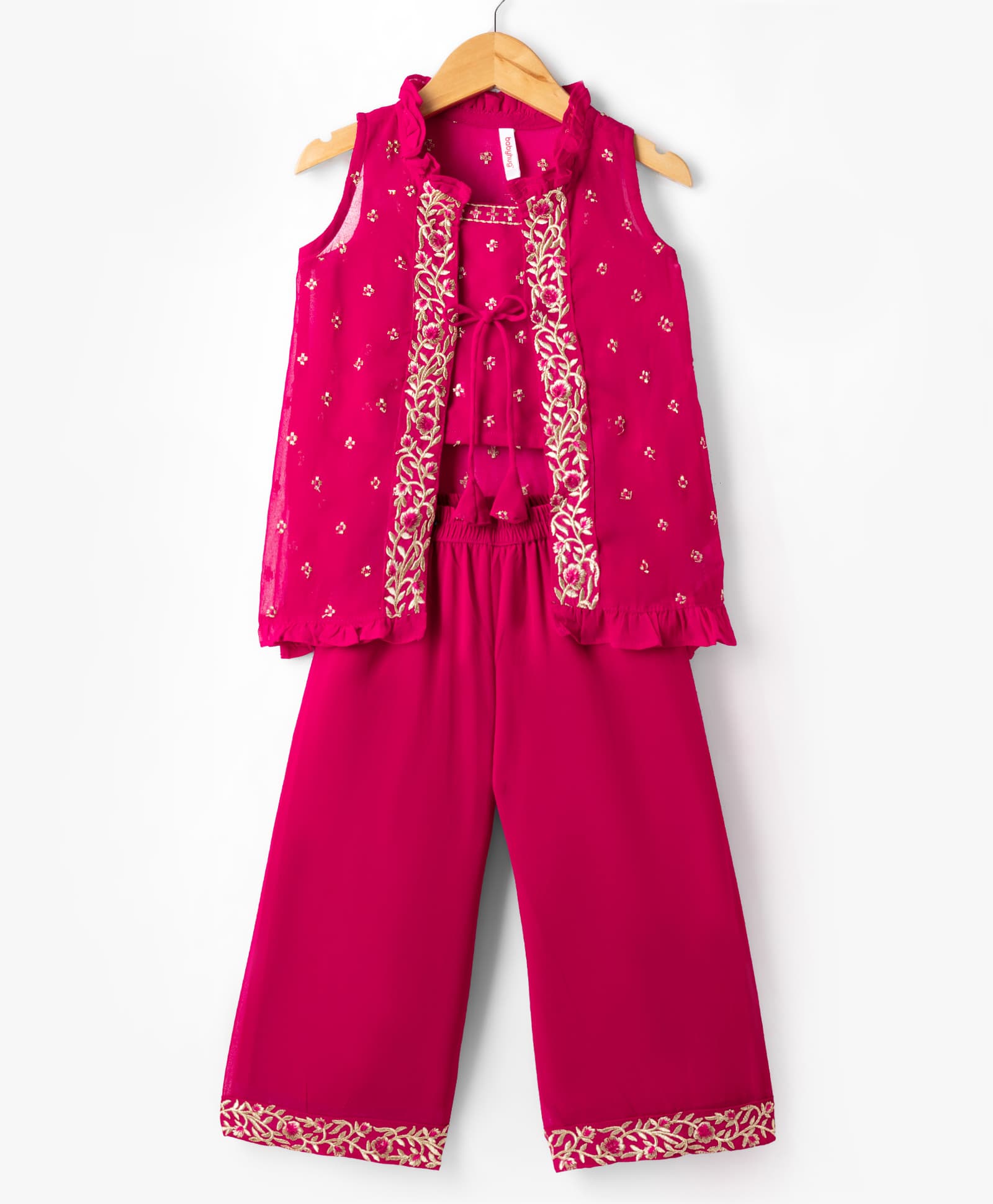 Babyhug Georgett Woven Sleeveless Floral Embroidered Top Palazo and Jacket Set - Hot Dark Pink-image-31