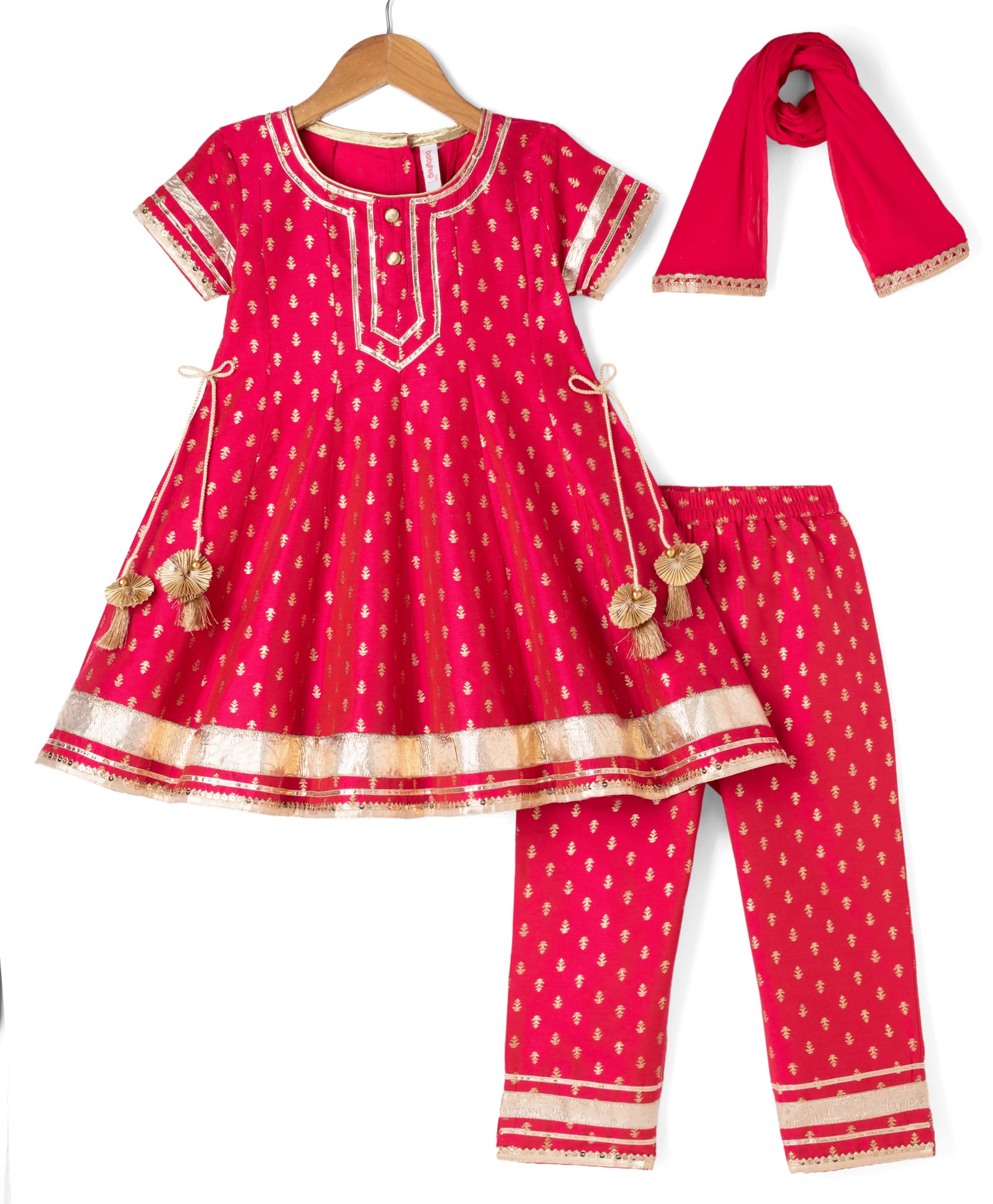 Babyhug Woven Floral Foil Printed Half Sleeves Kurti Churidar and Dupatta Set - Fuschia-image-33