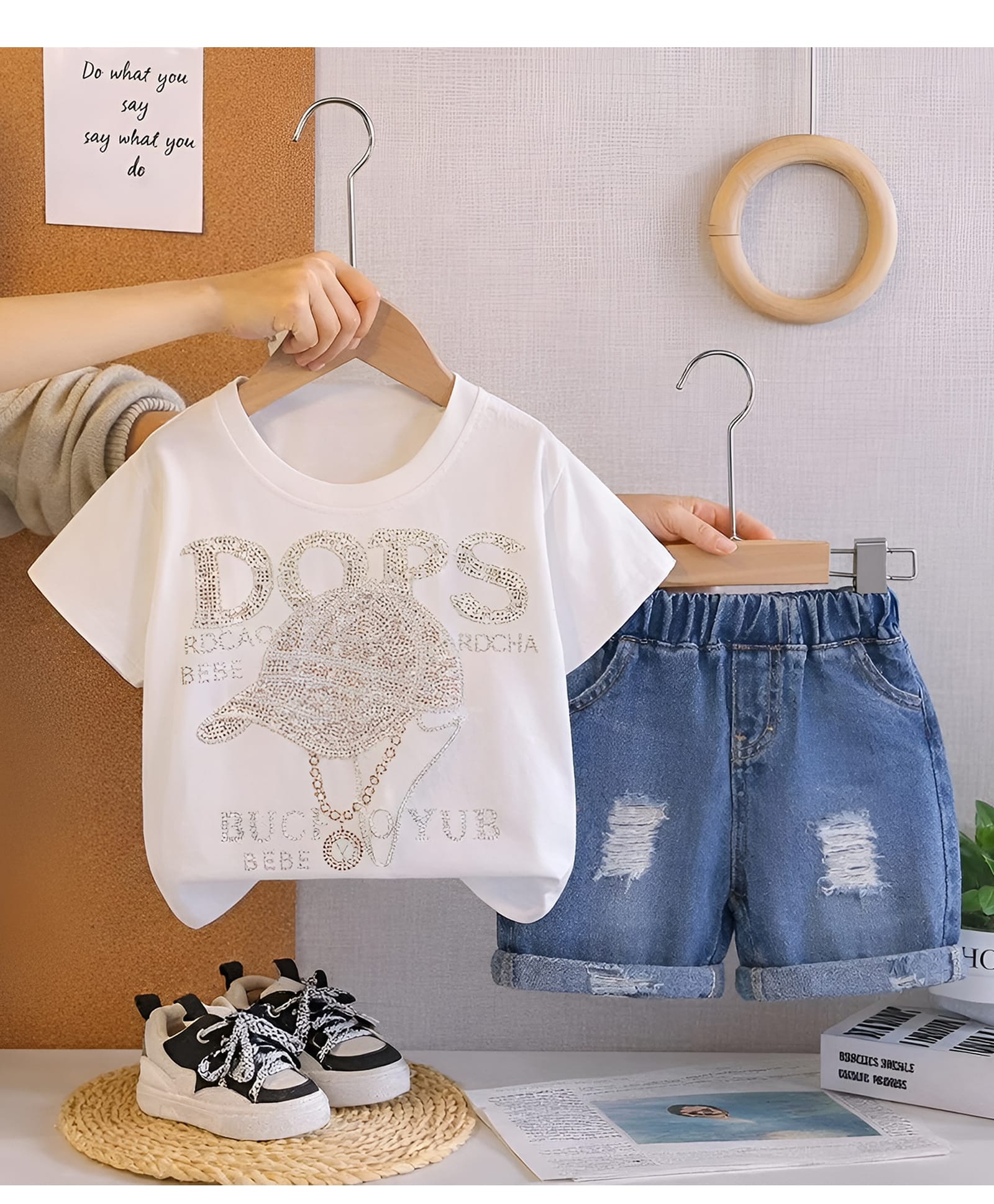 Googo Gaaga Single Jersey Half Sleeves Stone Embellished Tee & Shorts Set - White-picture-16