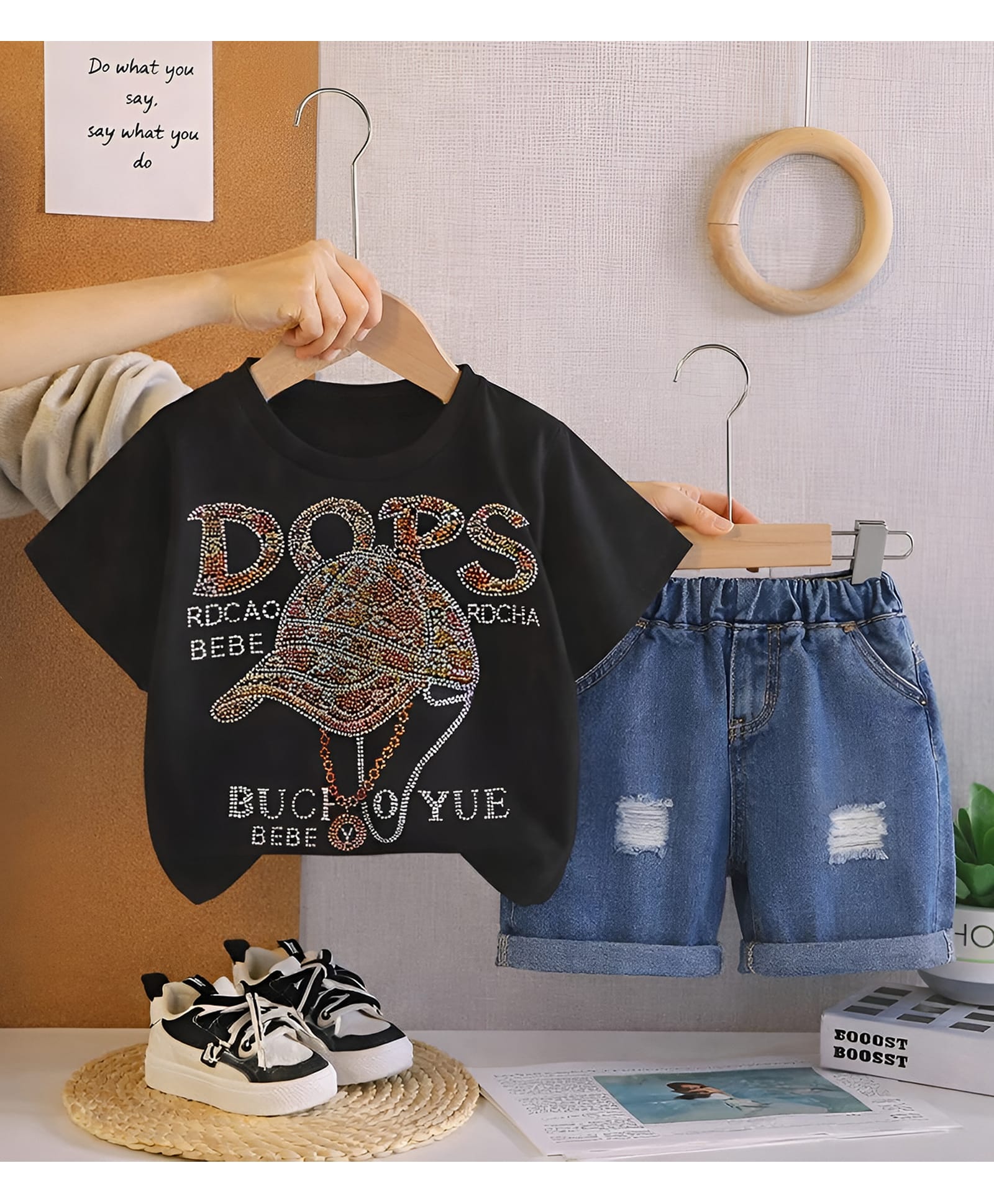Googo Gaaga Single Jersey Half Sleeves Stone Embellished Tee & Shorts Set - Black-image-6