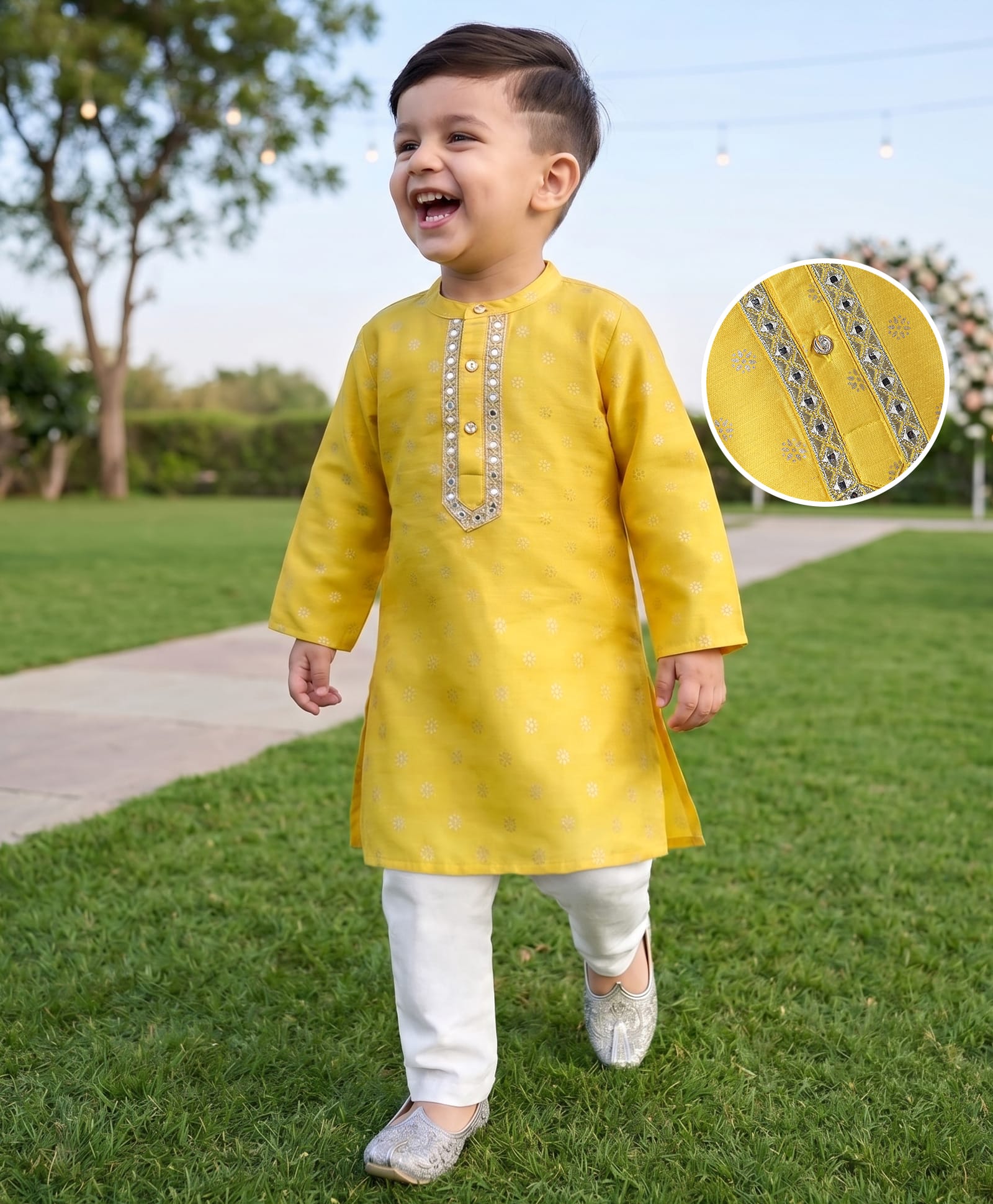 Babyhug Woven Full Sleeves Kurta Pajama Set with Floral Foil Print - Yellow-image-29