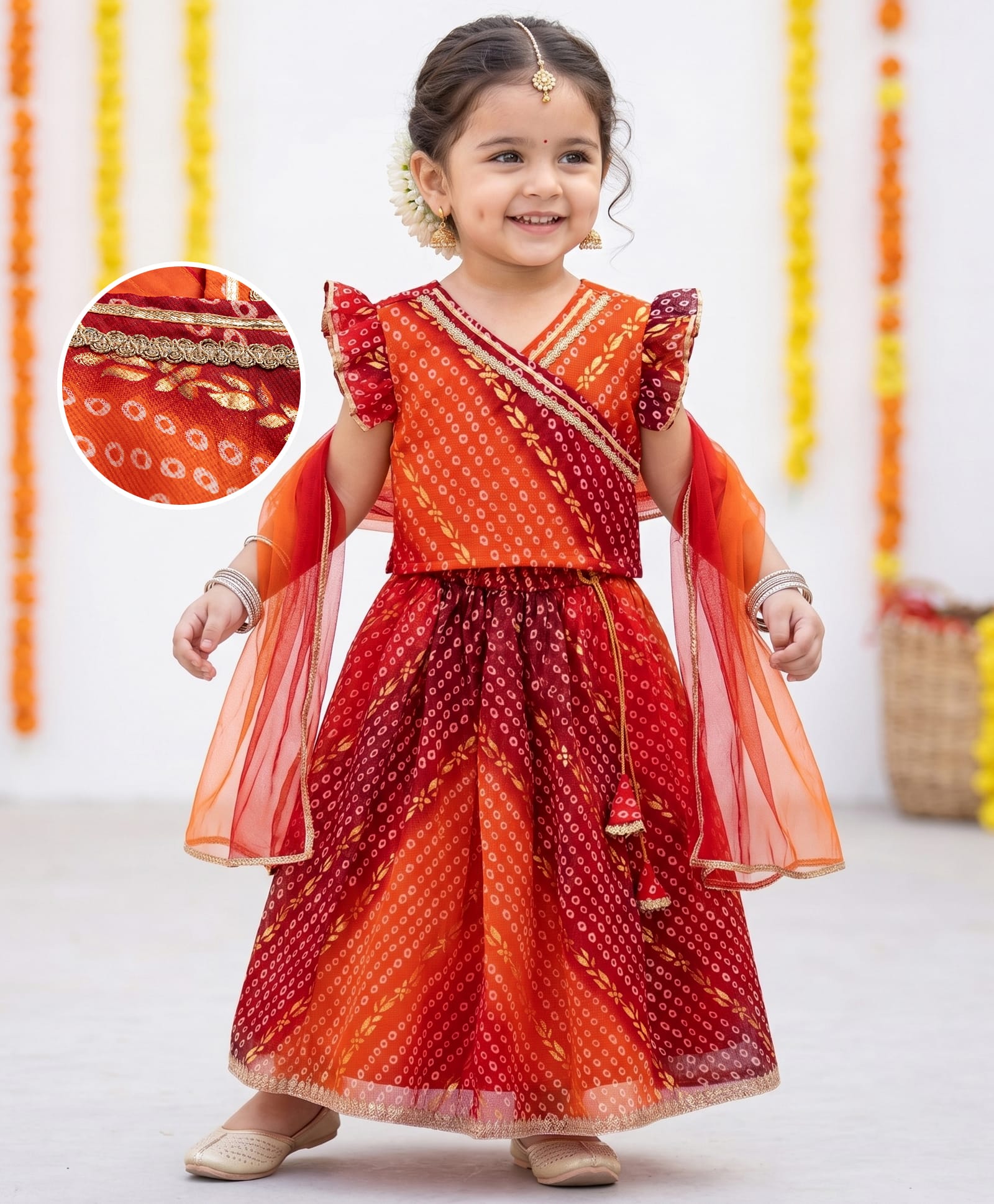 Babyhug Woven Sleeveless Kotta Foil Floral Printed Lehenga Choli & Dupatta Set - Orange-picture-18