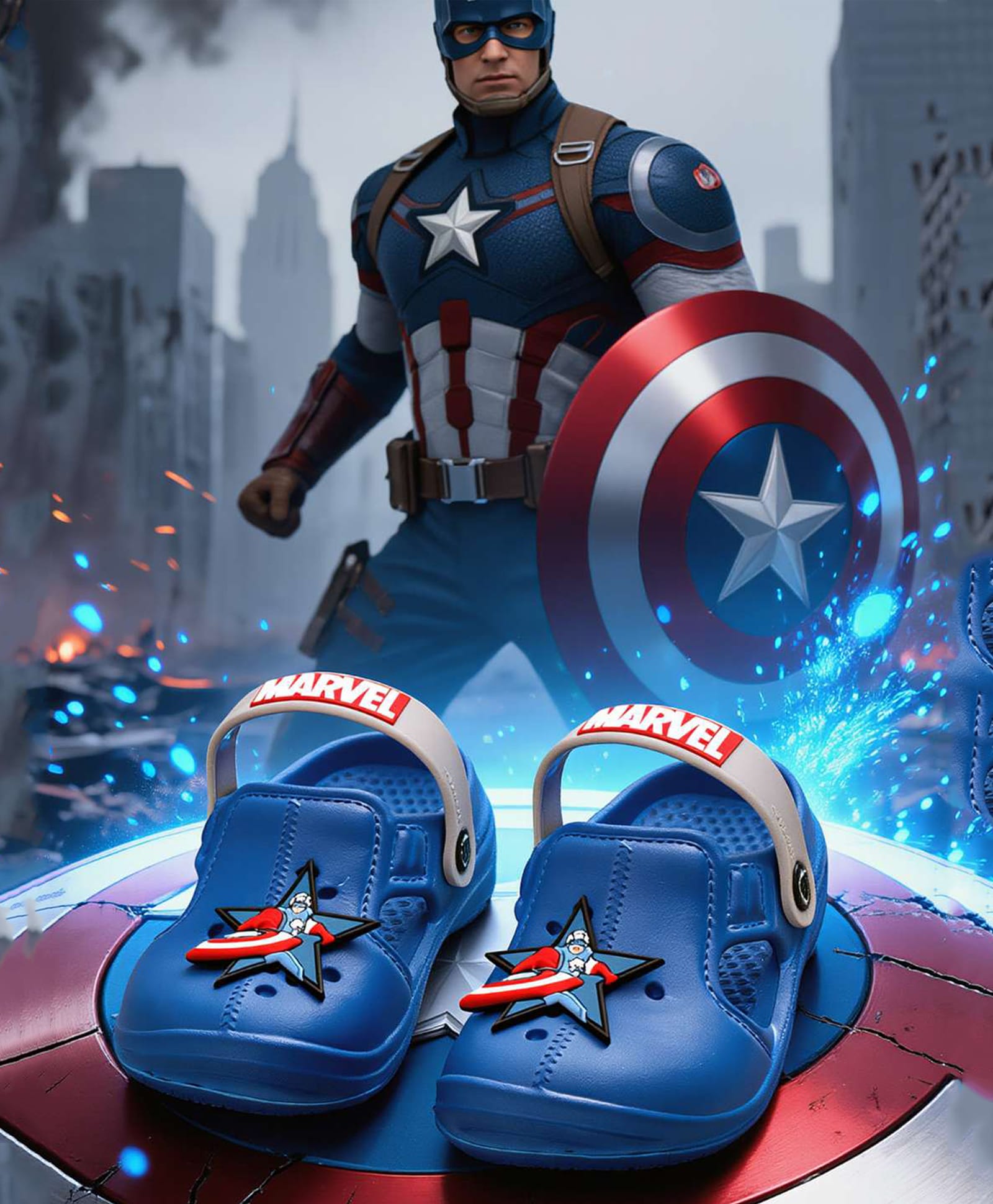 Yellow Bee Marvel Featuring Captain America Applique Detailed Perforated Slingback Clogs - Blue-picture-25