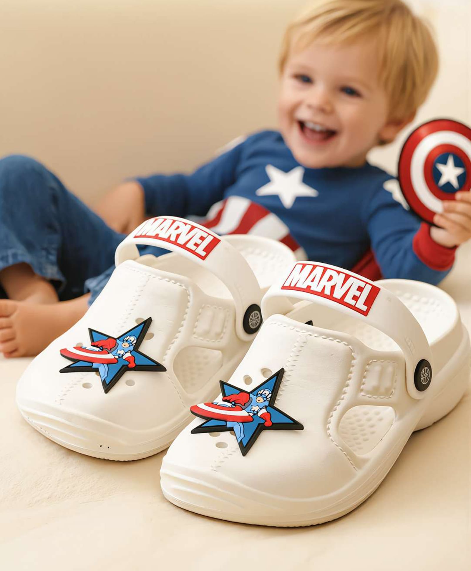 Yellow Bee Marvel Featuring Captain America Applique Detailed Perforated Slingback Clogs - White-picture-10